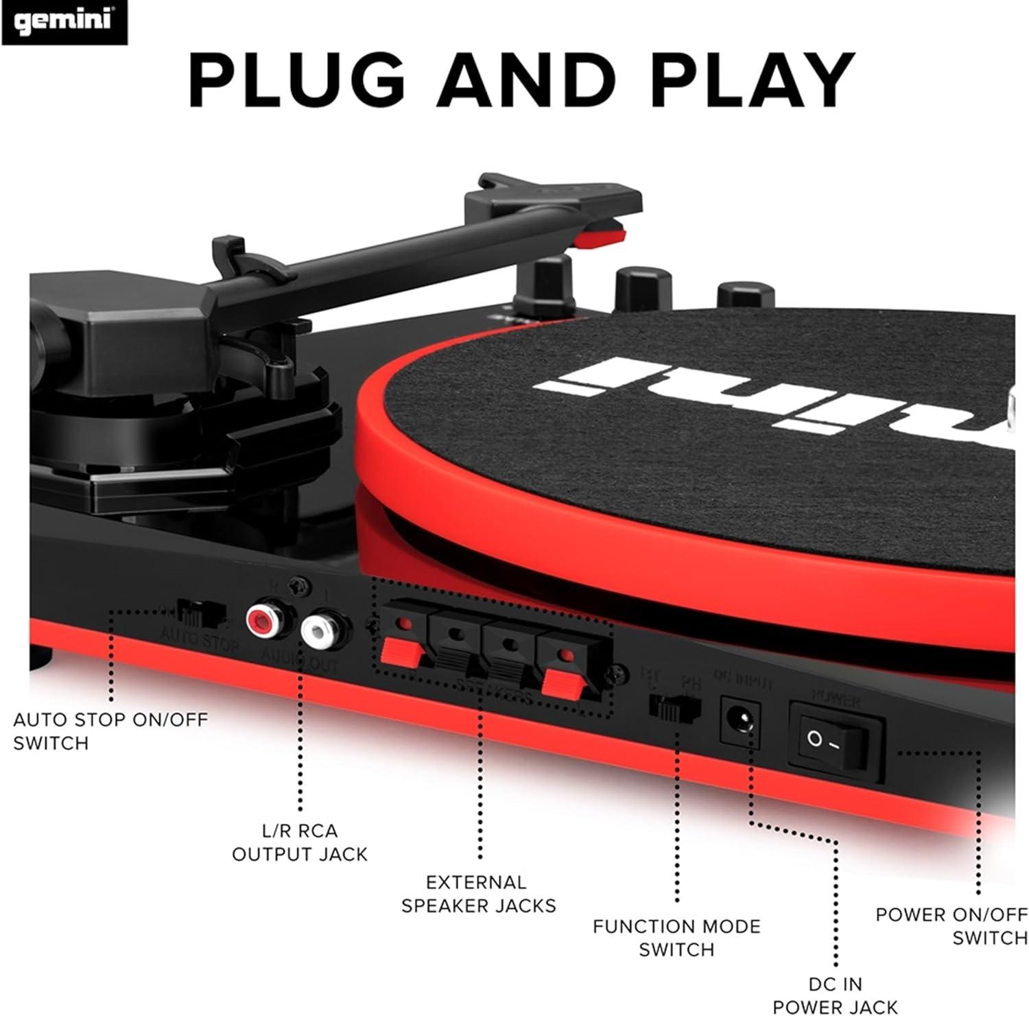 Gemini Black and Red Bluetooth Turntable with Stereo Speakers