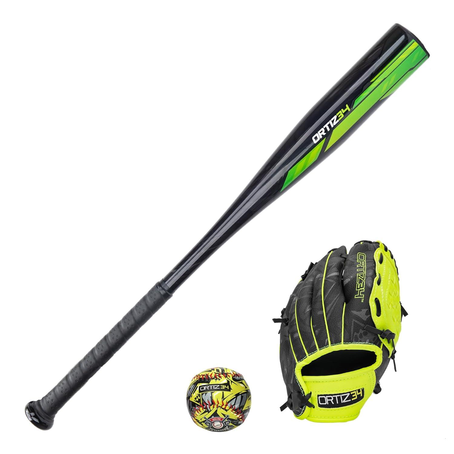Ortiz34 Youth T-Ball Set, 25” Signature Aluminum T-Ball Bat with -10 Drop, Foam Core T-Ball, 9” Lightweight Youth Glove, Vibrant Graffiti Print