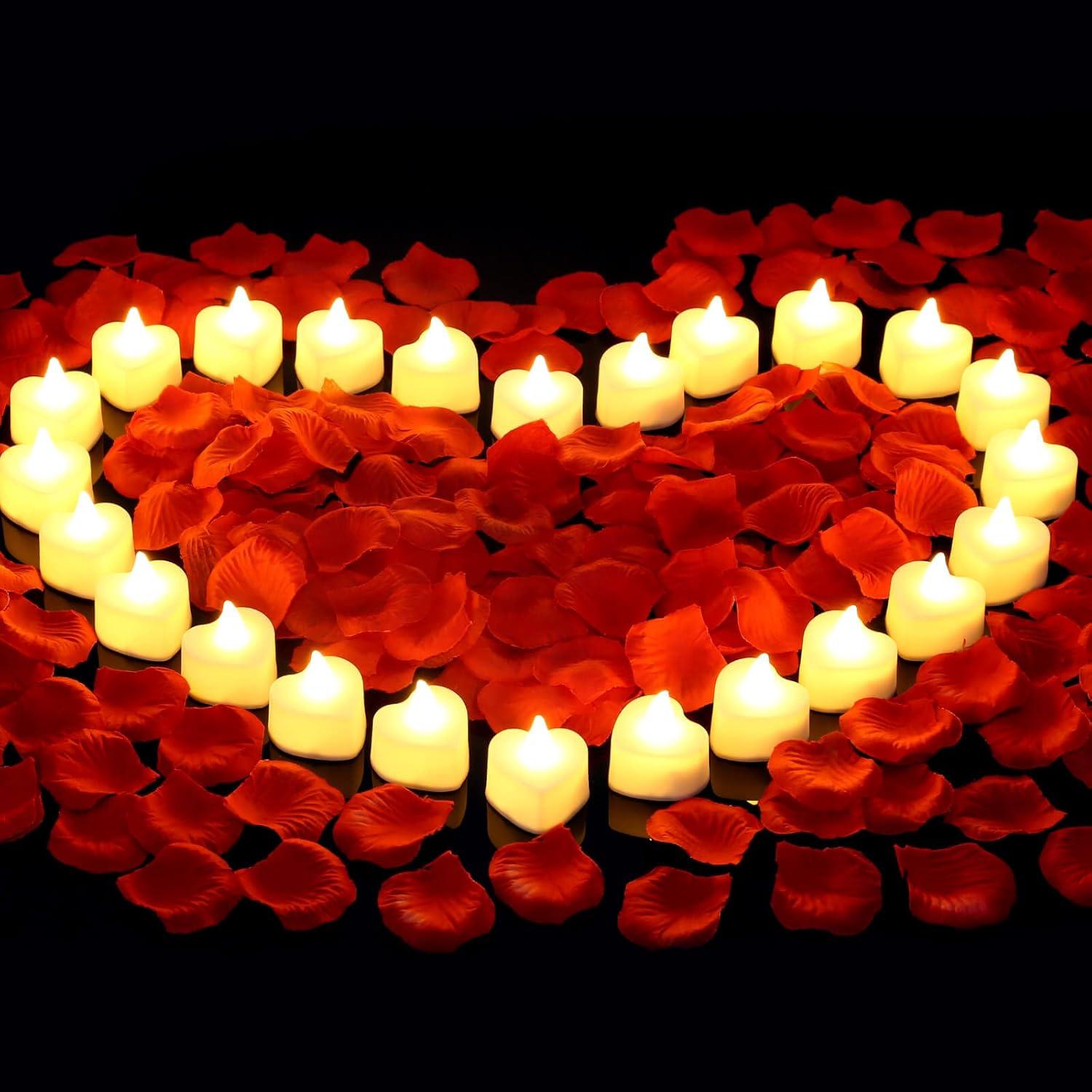 Red Flameless LED Tealights with Artificial Rose Petals Kit