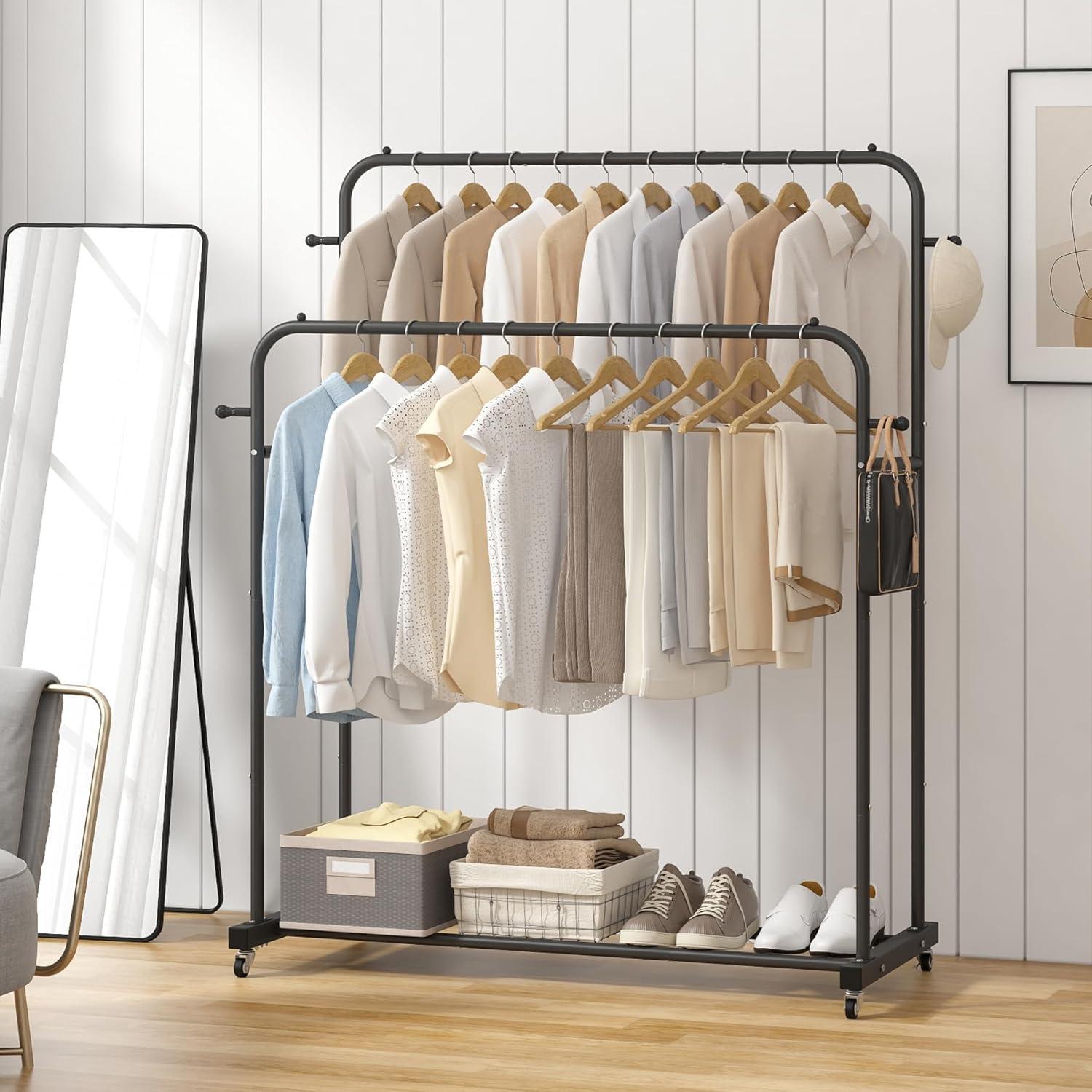 Black Double Rods Garment Rack with Wheels and Hooks