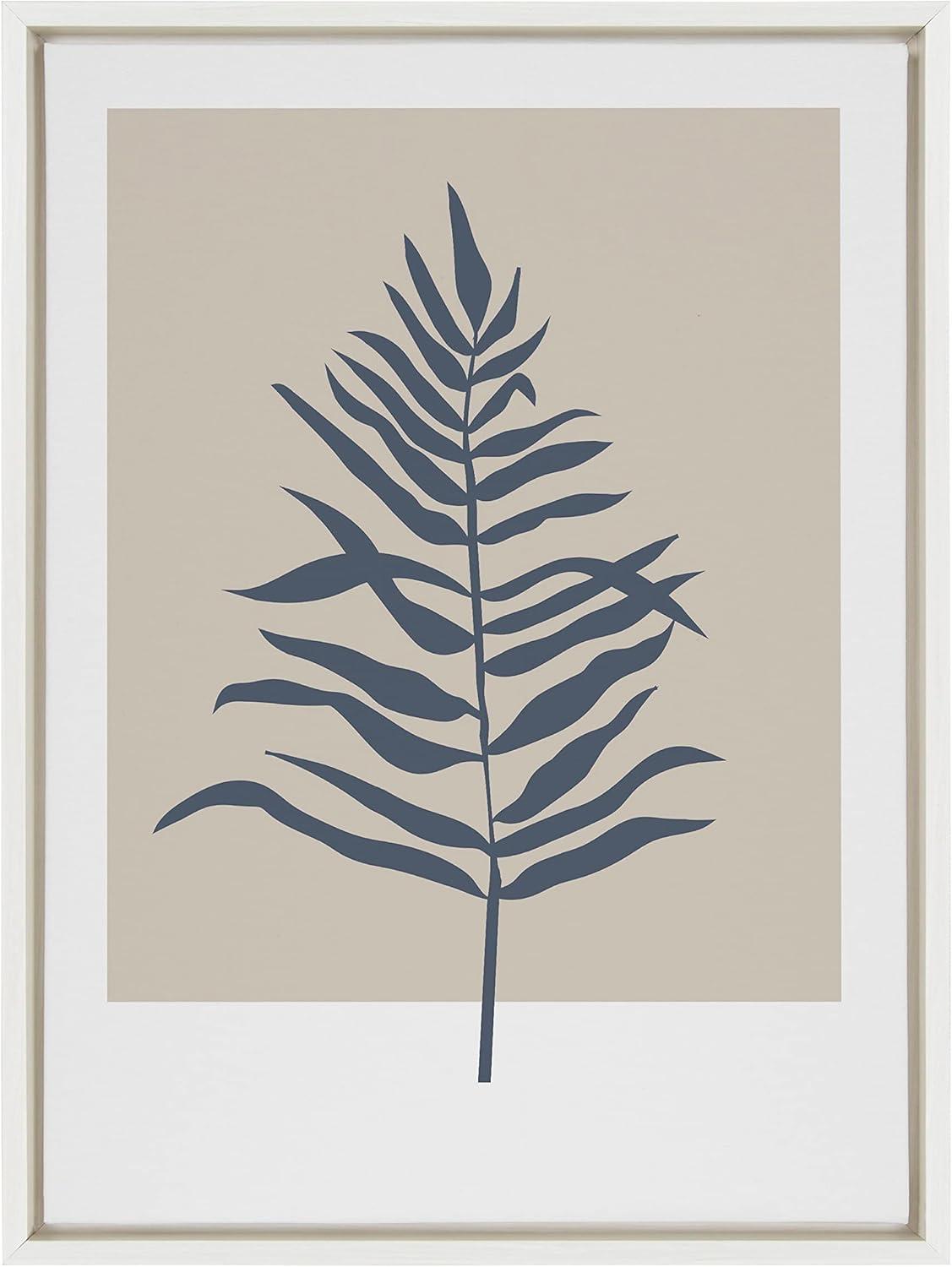 Kate and Laurel Sylvie Muted Tan and Blue Colorblock Botanical Fern Framed Canvas Wall Art by The Creative Bunch Studio, 18x24 White, Decorative Simple Plant Art for Wall