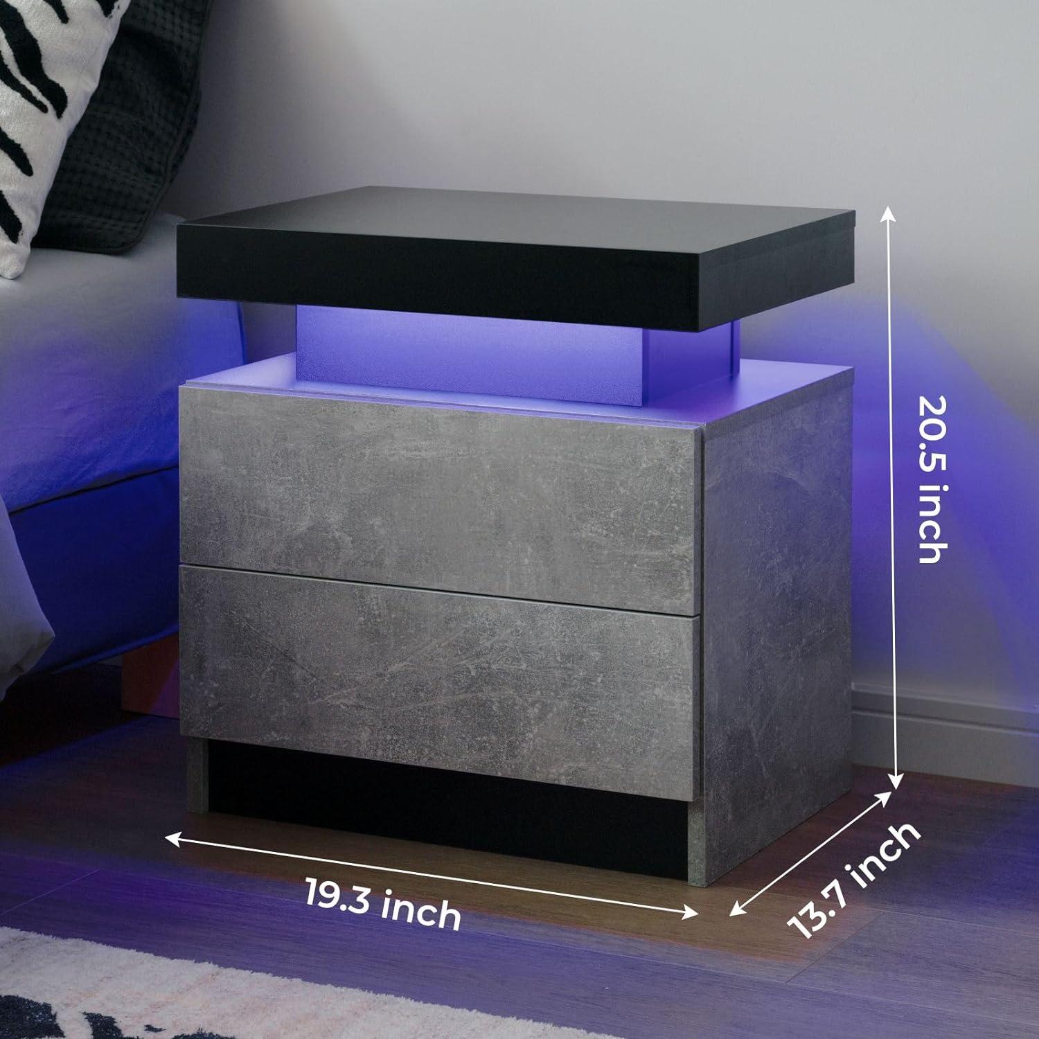 Grey and Black Particle Board Nightstand Set with LED Lights