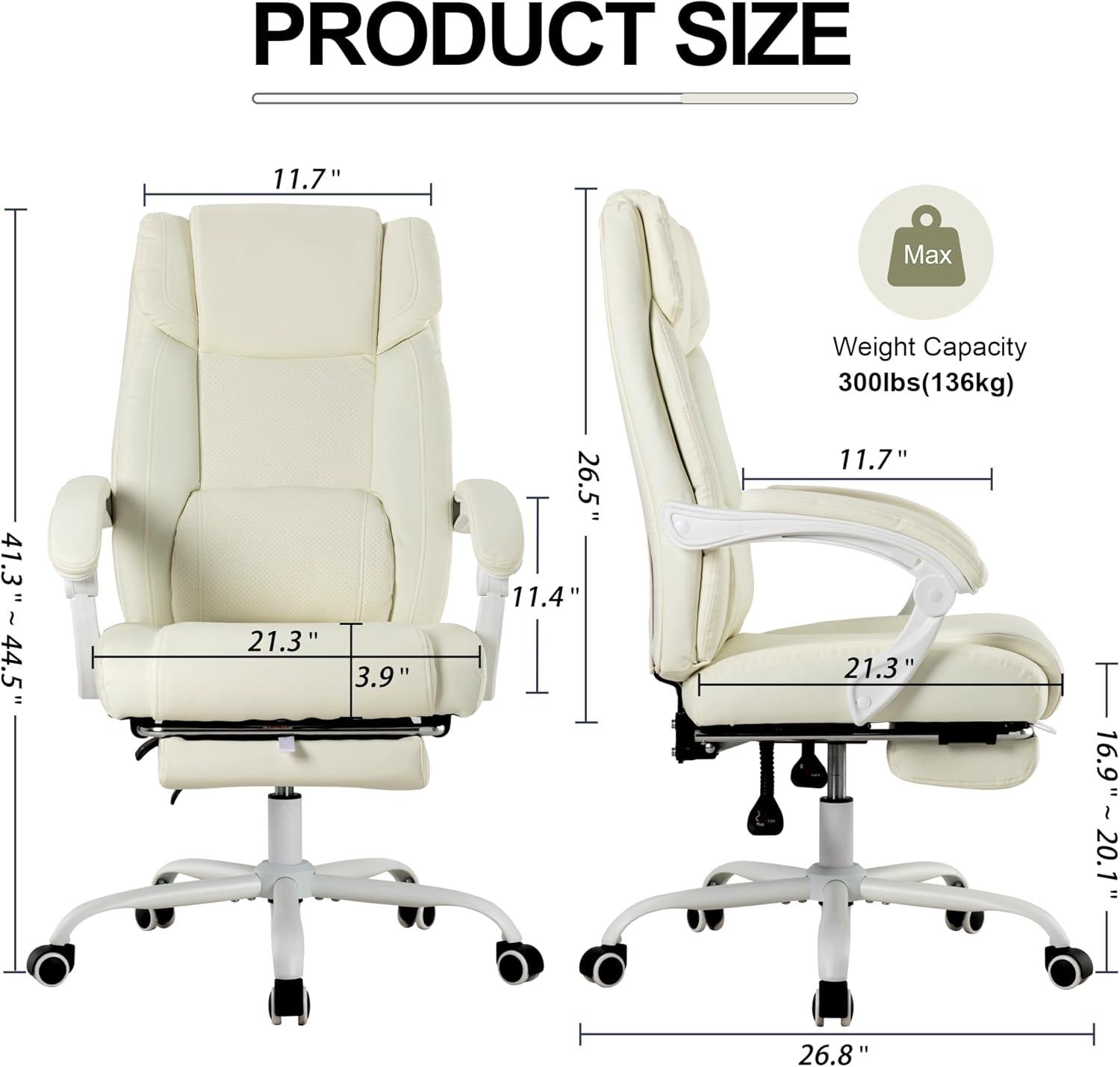 Executive Office Chair with Footrest,90-155°Adjustable Reclining Office Chair,Thick Leather Chair with Lumbar Support,Ergonomic Computer Desk Chair Comfy for Home Office (Cream White)