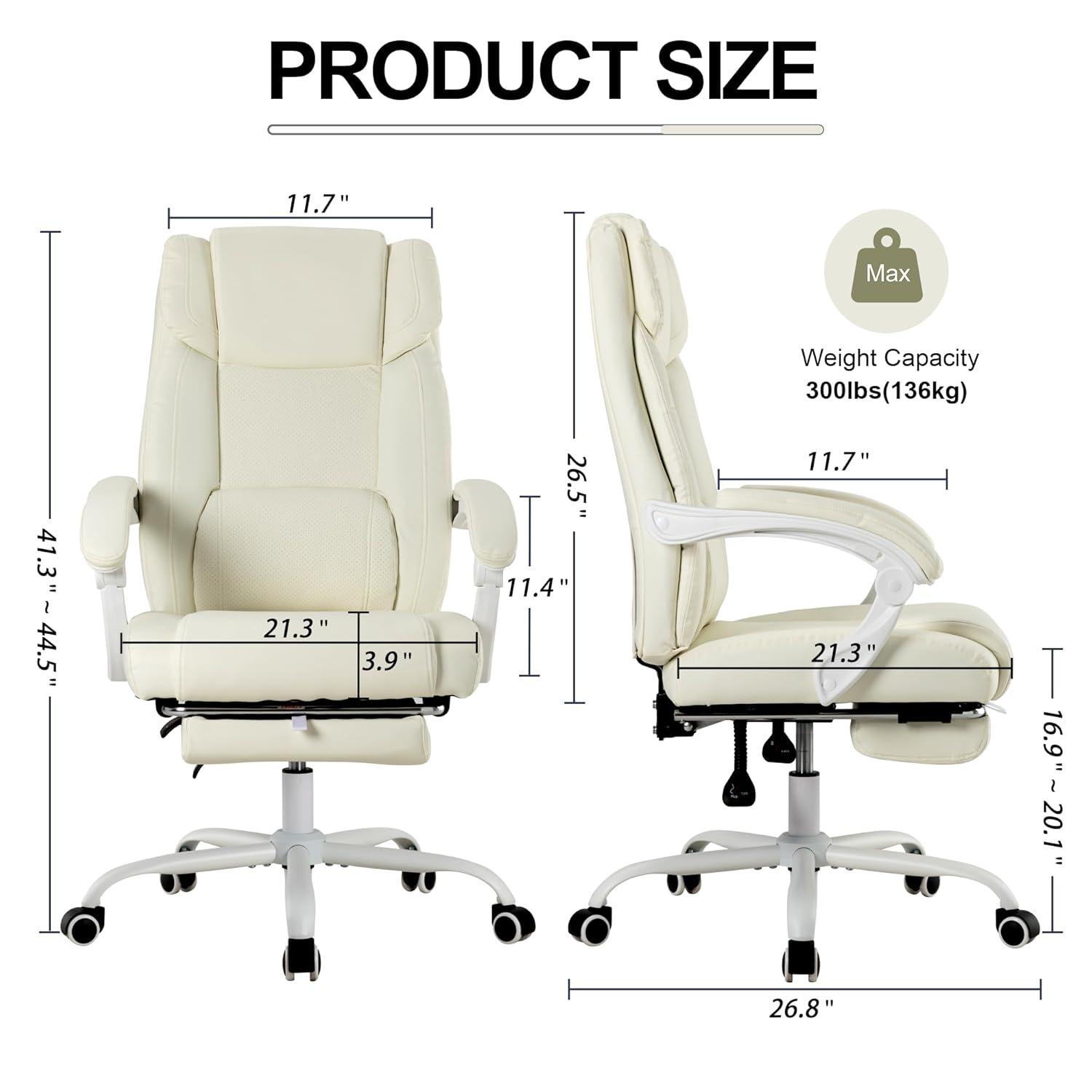Executive Office Chair with Footrest,90-155°Adjustable Reclining Office Chair,Thick Leather Chair with Lumbar Support,Ergonomic Computer Desk Chair Comfy for Home Office (Cream White)