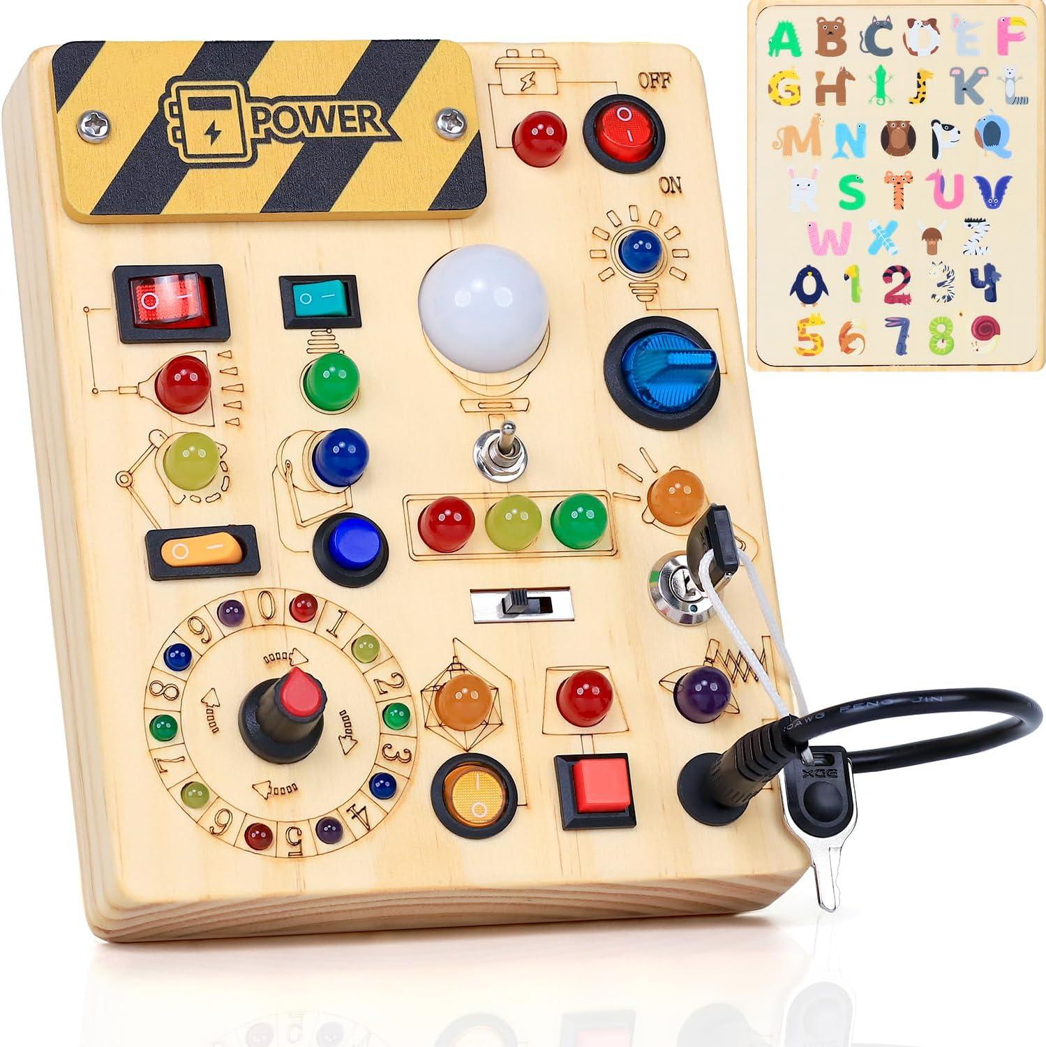 RichBoy Busy Board for 1-3 Year Old, LED Light Sensory Toys for Kids with Autism, Wooden Fine Motor Skills Montessori Toys, Toddlers Birthday Gift (Activity Sturdy, Well-Made)