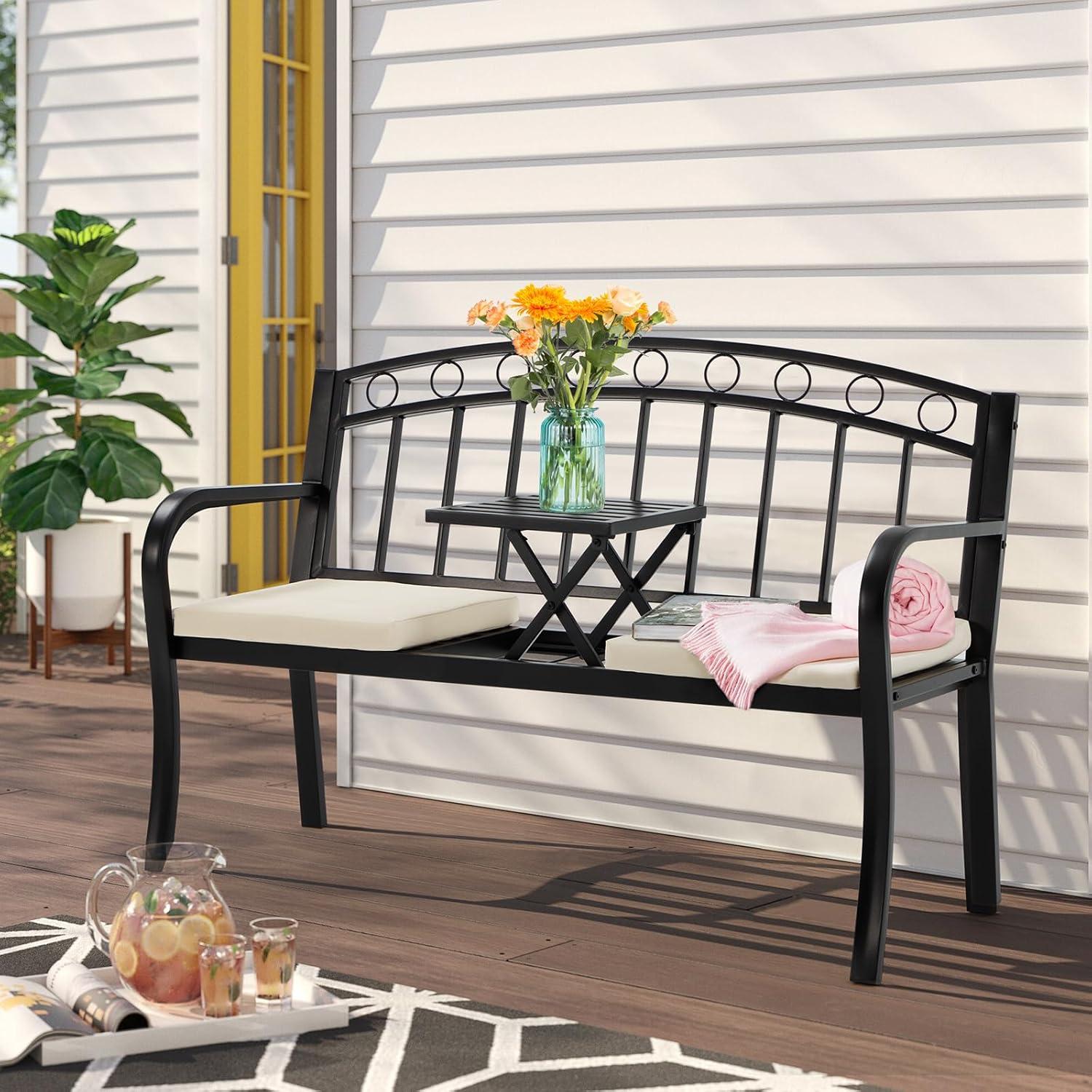 Black Metal 2-Seat Outdoor Bench with Pullout Table and Cushions