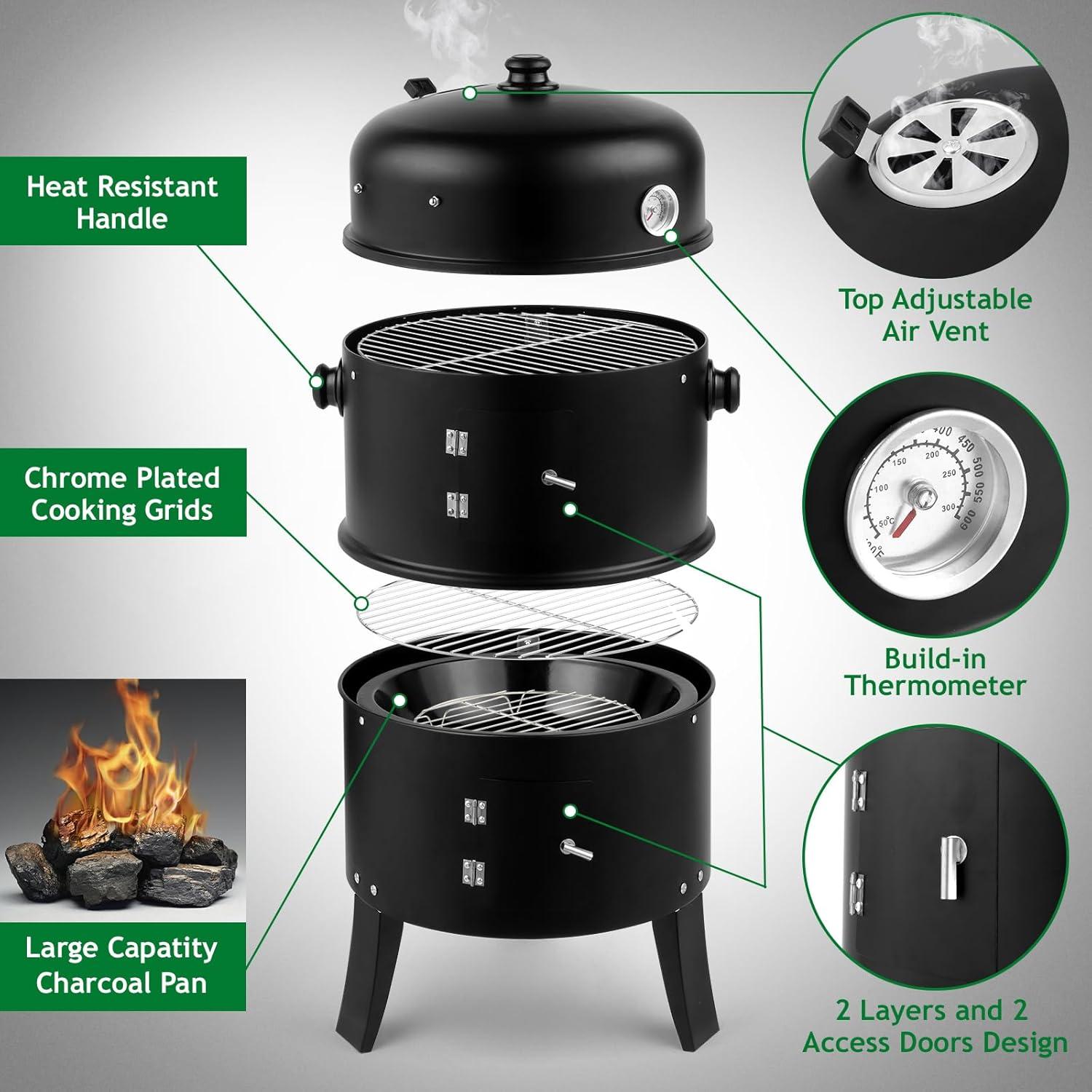 Yunwen 31.5" Charcoal Smoker Grill 3-in-1 Vertical Heavy Duty Charcoal BBQ Smoker Grill