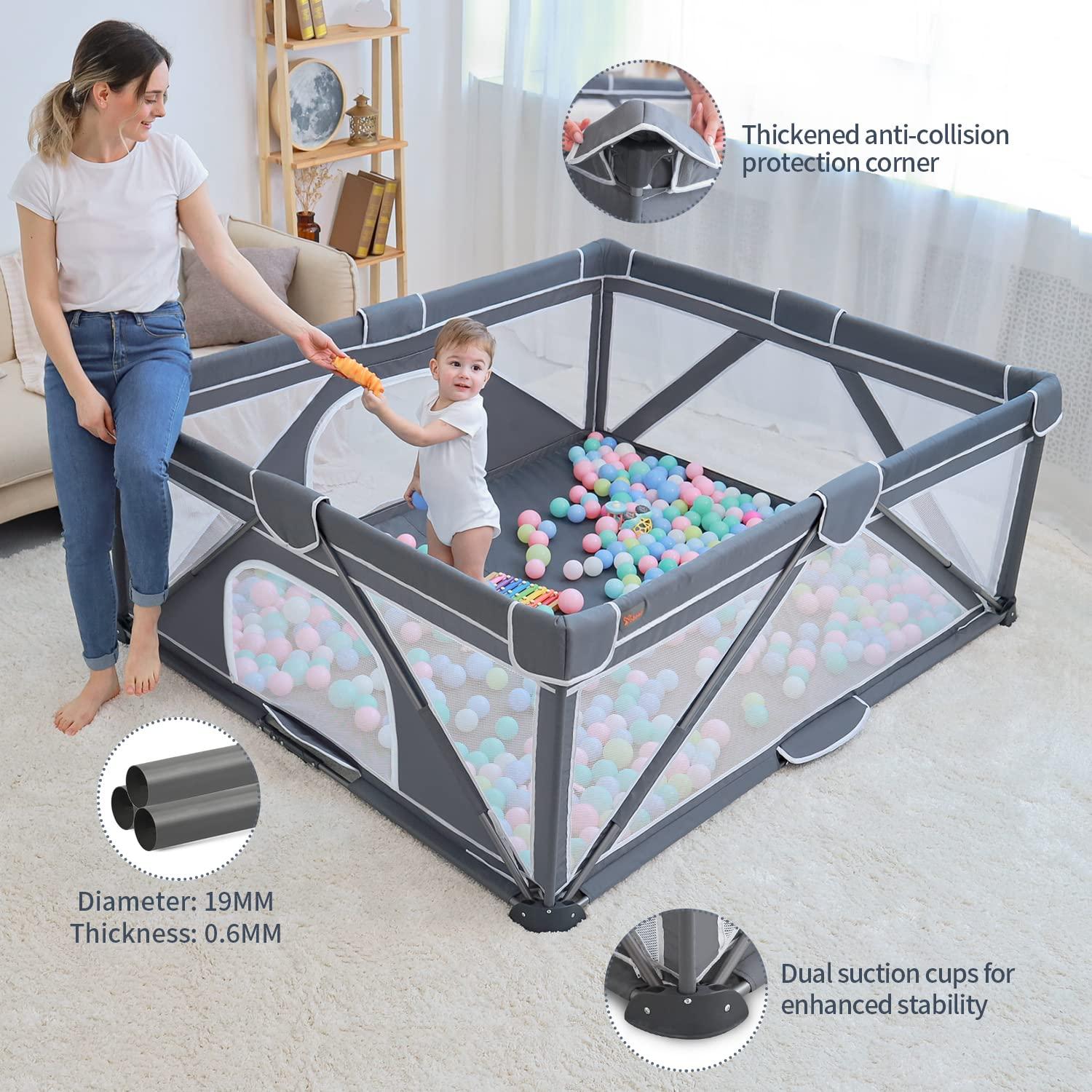 Yobear Foldable Baby Playpen, Yobear Playpen For Babies And Toddlers With 50 Pcs Ocean Balls & 2 Handles, Indoor & Outdoor Kids Safety Play Pen Area, Portable Travel Play Yard