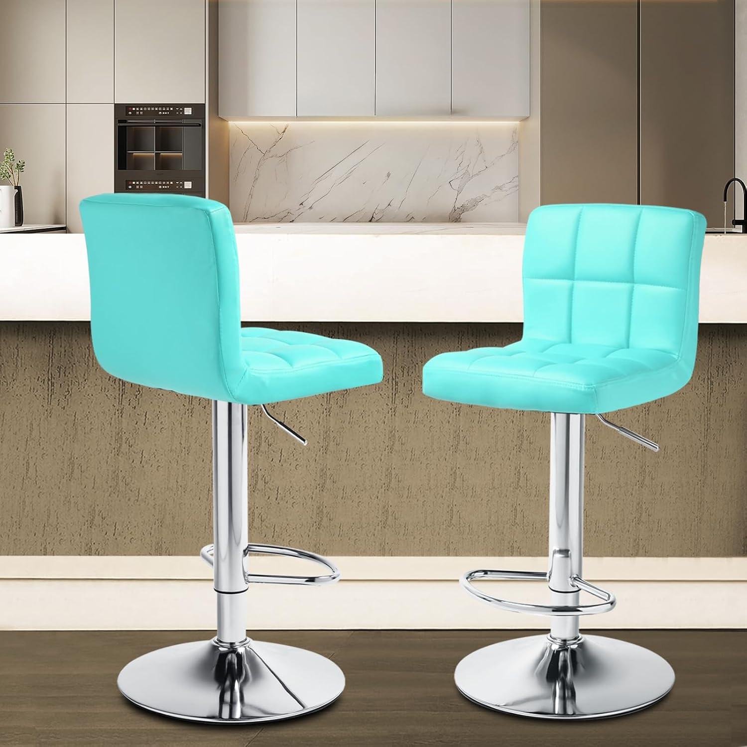 Magshion Modern Square Faux Leather Adjustable Bar Stools with Back, Set of 2, Counter Height Swivel Stool, Barstools for Kitchen Counter, Teal Blue