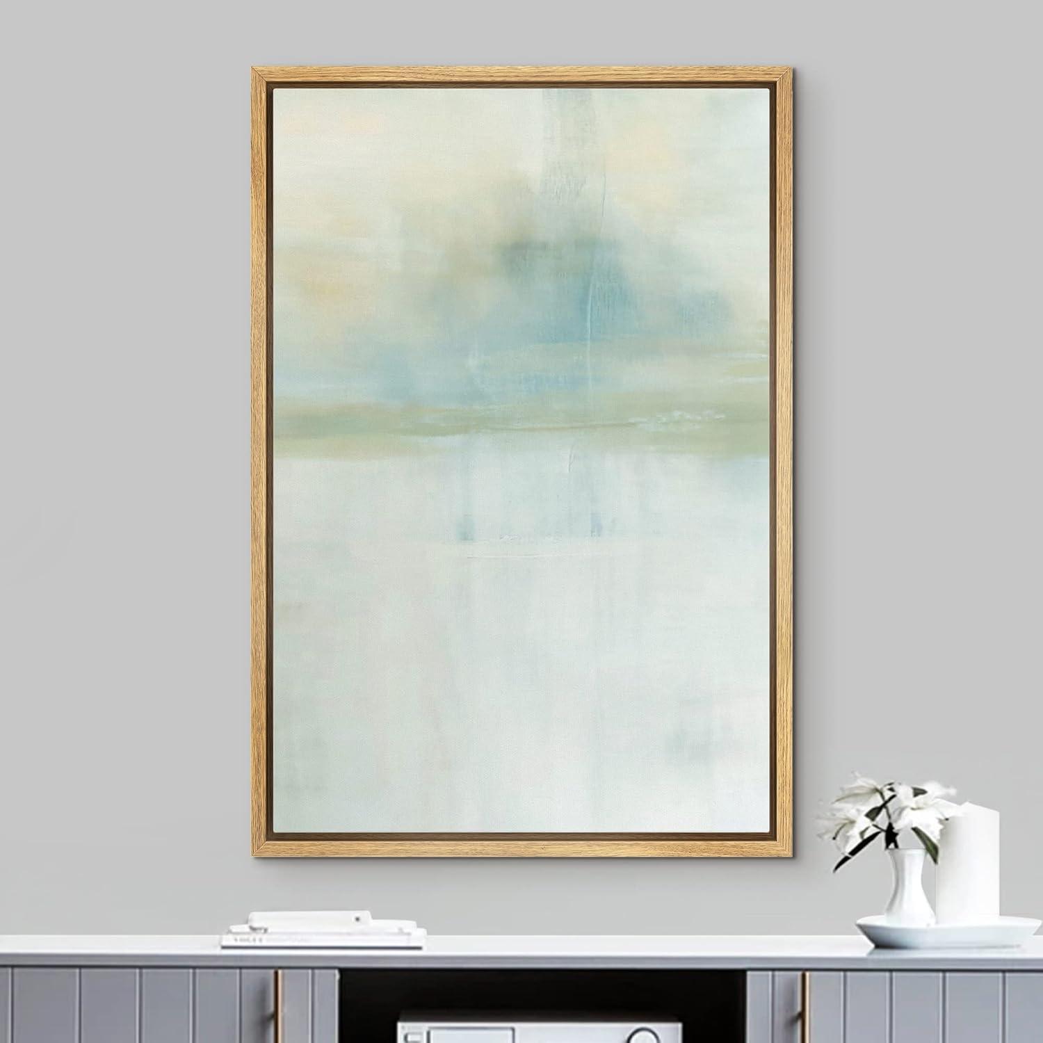 Teal and Gray Abstract Landscape Canvas Print with Natural Frame, 24"x36"