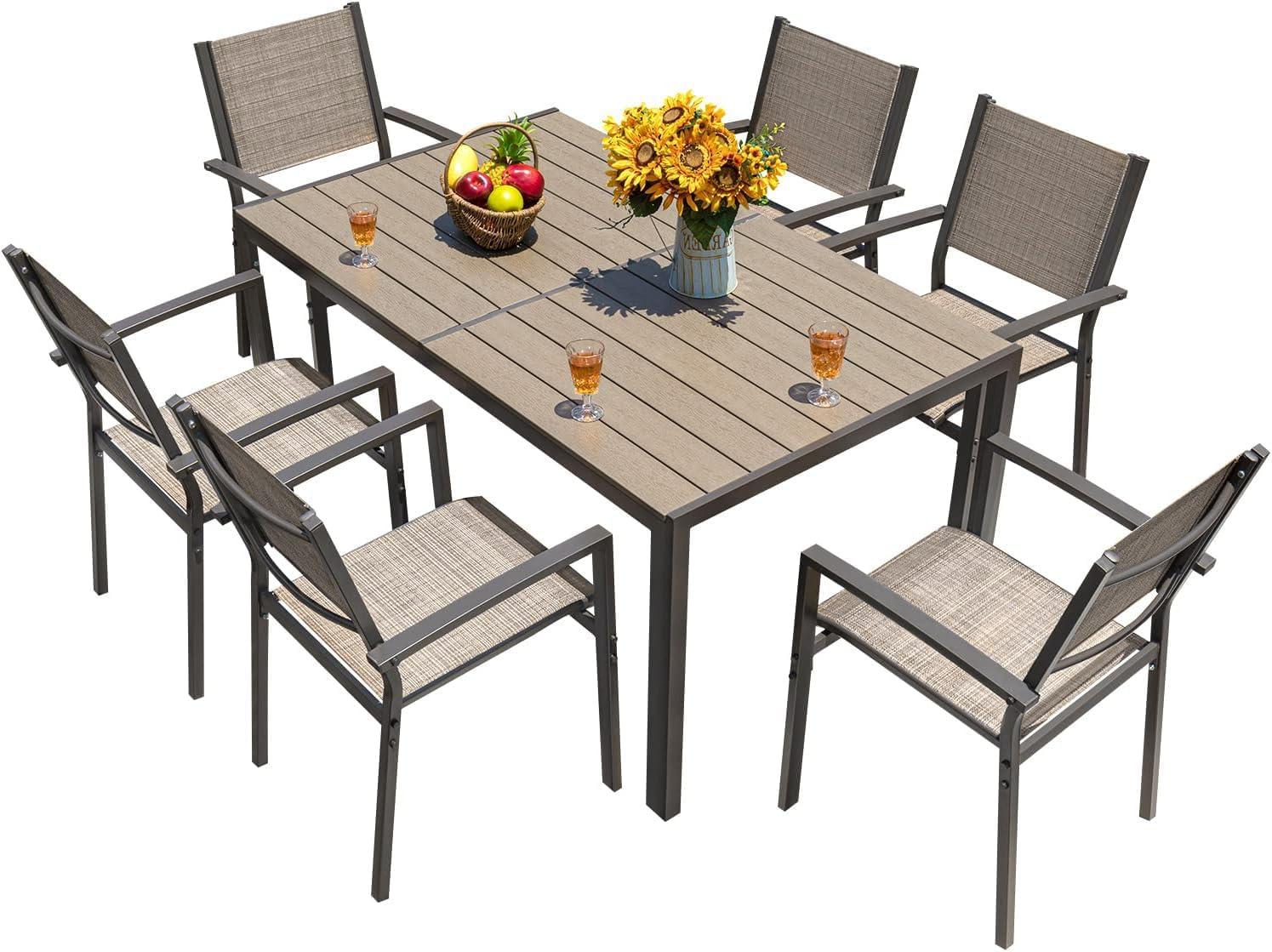 Brown Rectangular Metal and Textilene Outdoor Dining Set