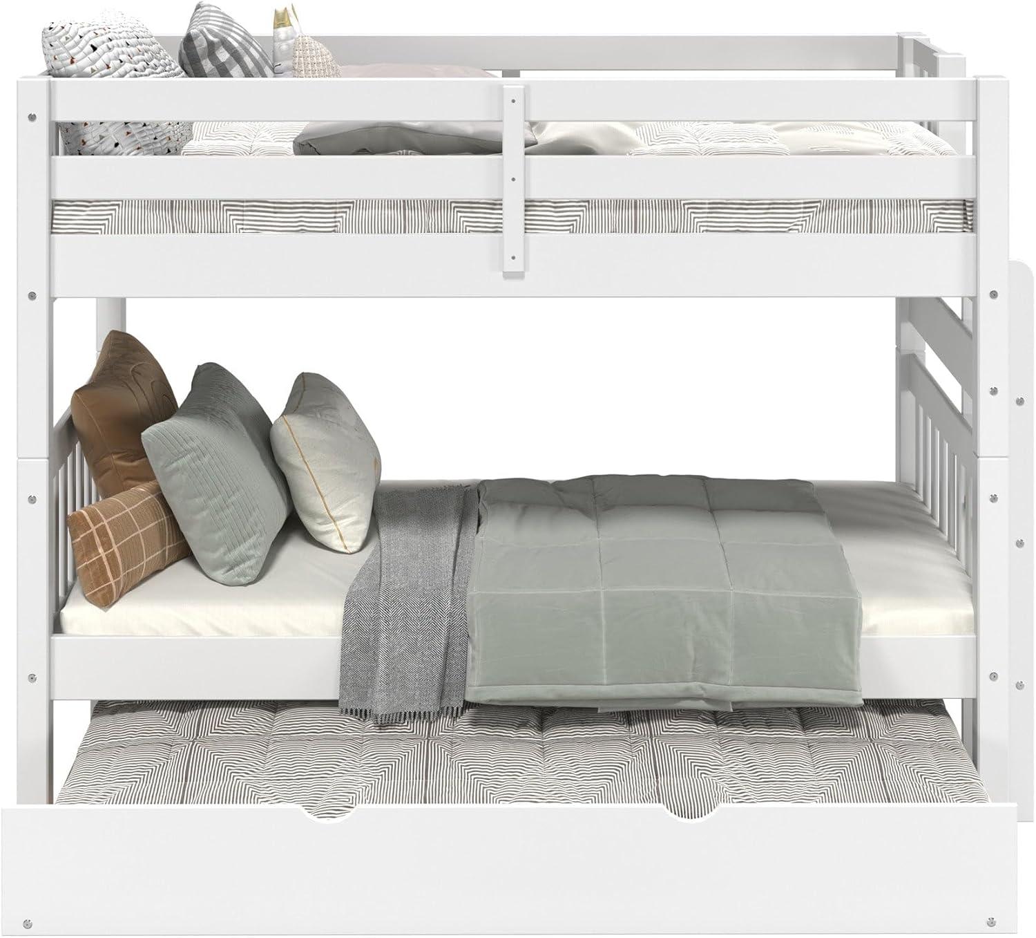 Bedz King Bunk Beds Twin over Twin Mission Style with End Ladder and a Twin Trundle, White