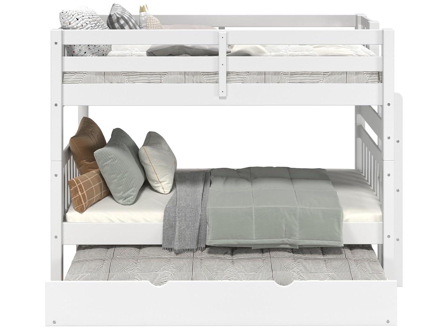 Bedz King Bunk Beds Twin over Twin Mission Style with End Ladder and a Twin Trundle, White