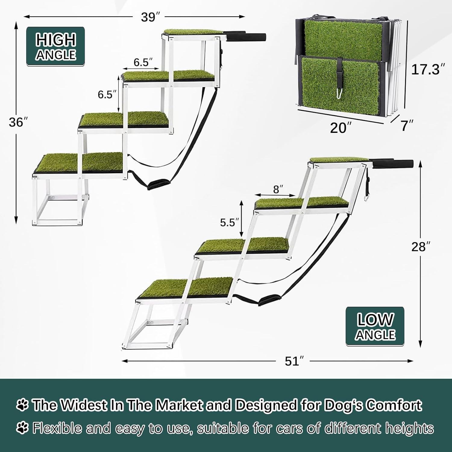 Dog Ramp for Car, Extra Wide Dog Car Stair for Large Dogs, Pet Steps Lightweight Aluminum Foldable Dog Steps for Cars and SUV,High Beds, Trucks, Supports up to 200 lbs (Extra Wide-4 Steps with Grass)