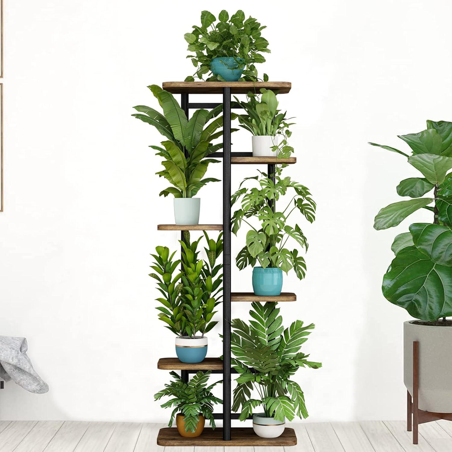 Black and Brown 6-Tier Iron and MDF Plant Stand