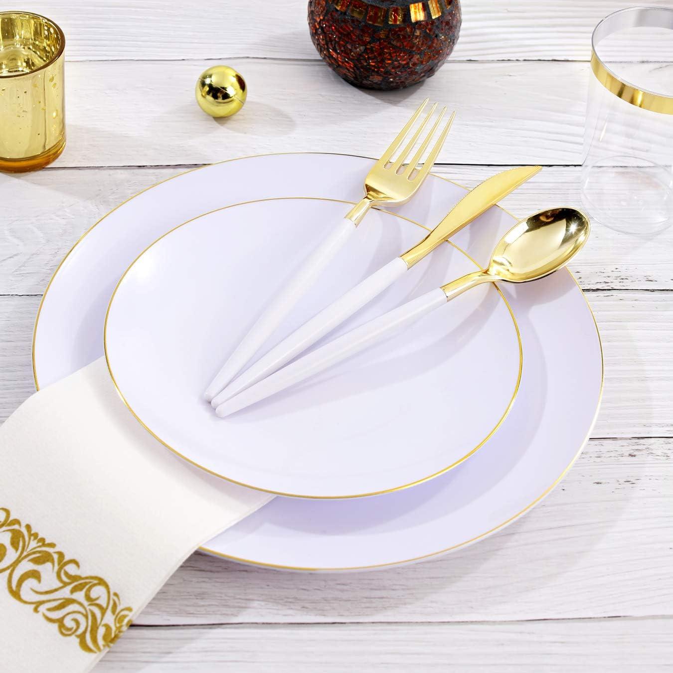 Elegant White and Gold 10.25" Plastic Dinner Plates Set