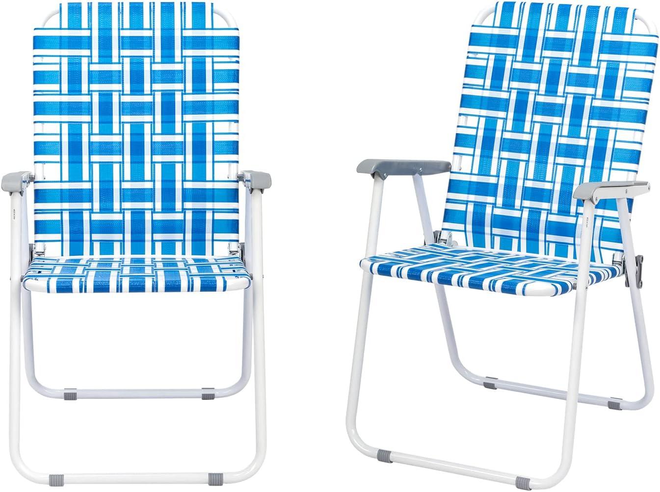 Set of 2 Blue Webbed Folding Camping Chairs with Arms