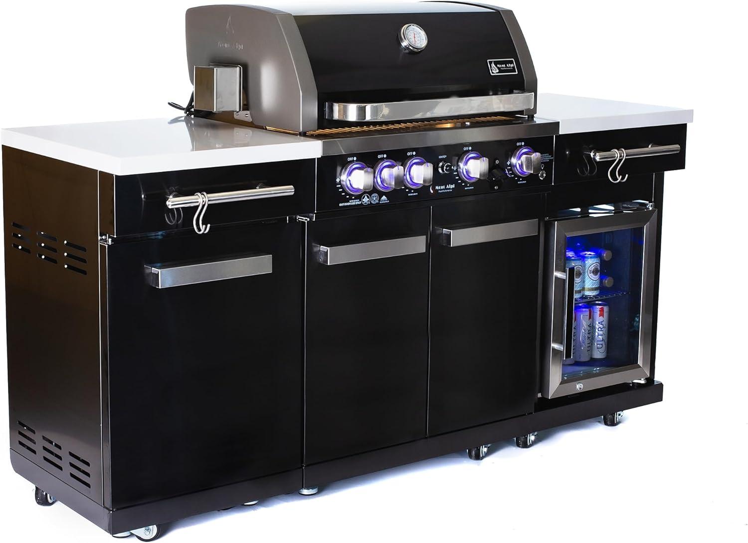 NEW MODEL Mont Alpi 5-burner Black Stainless Steel Outdoor Kitchen Island Gas Grill + Fridge Cabinet