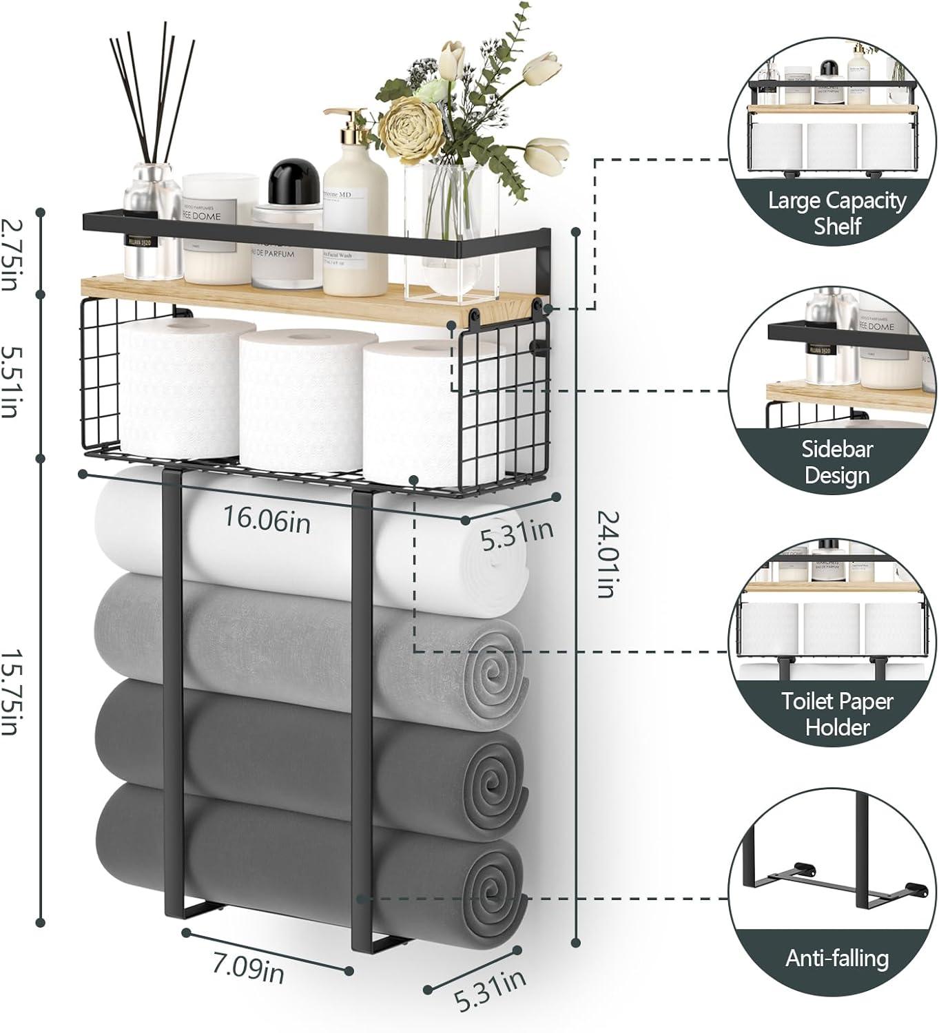 Towel Racks For Bathroom, Metal Towel Holder With Storage Basket,Wall Towel Rack For Rolled Towels, Towel Storage For Small Bathroom,Bathroom Shelves