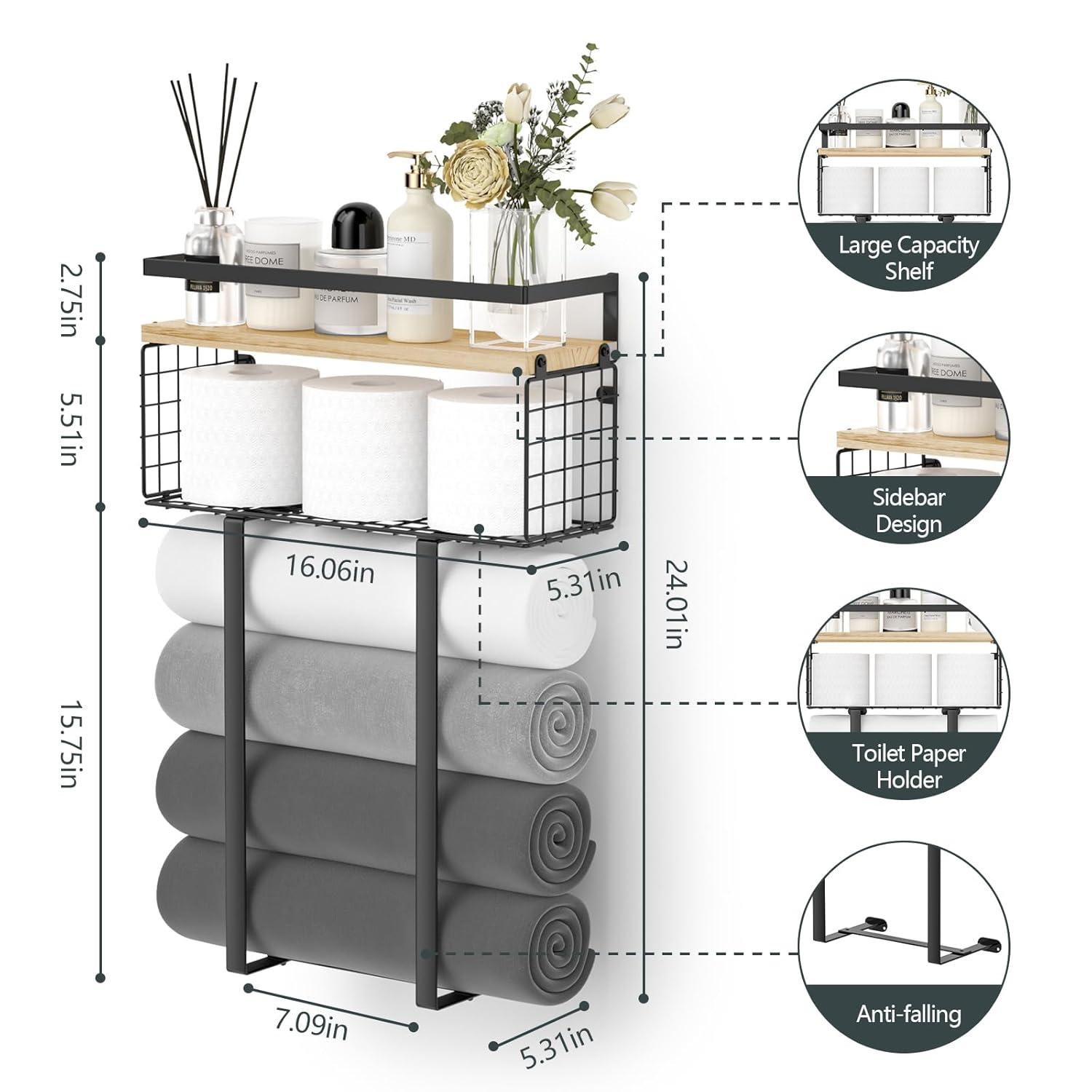 Towel Racks For Bathroom, Metal Towel Holder With Storage Basket,Wall Towel Rack For Rolled Towels, Towel Storage For Small Bathroom,Bathroom Shelves