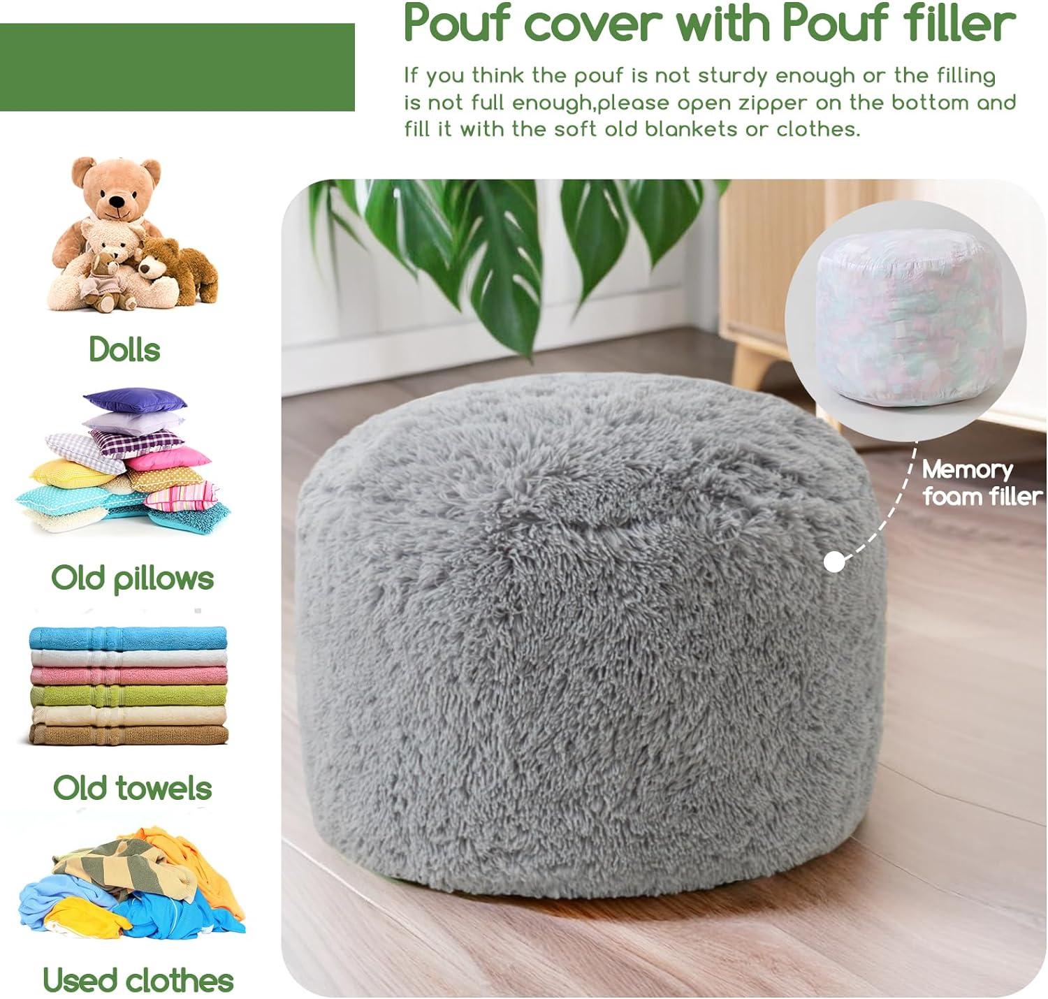 Grey Faux Fur Round Pouf Ottoman with Foam Filling