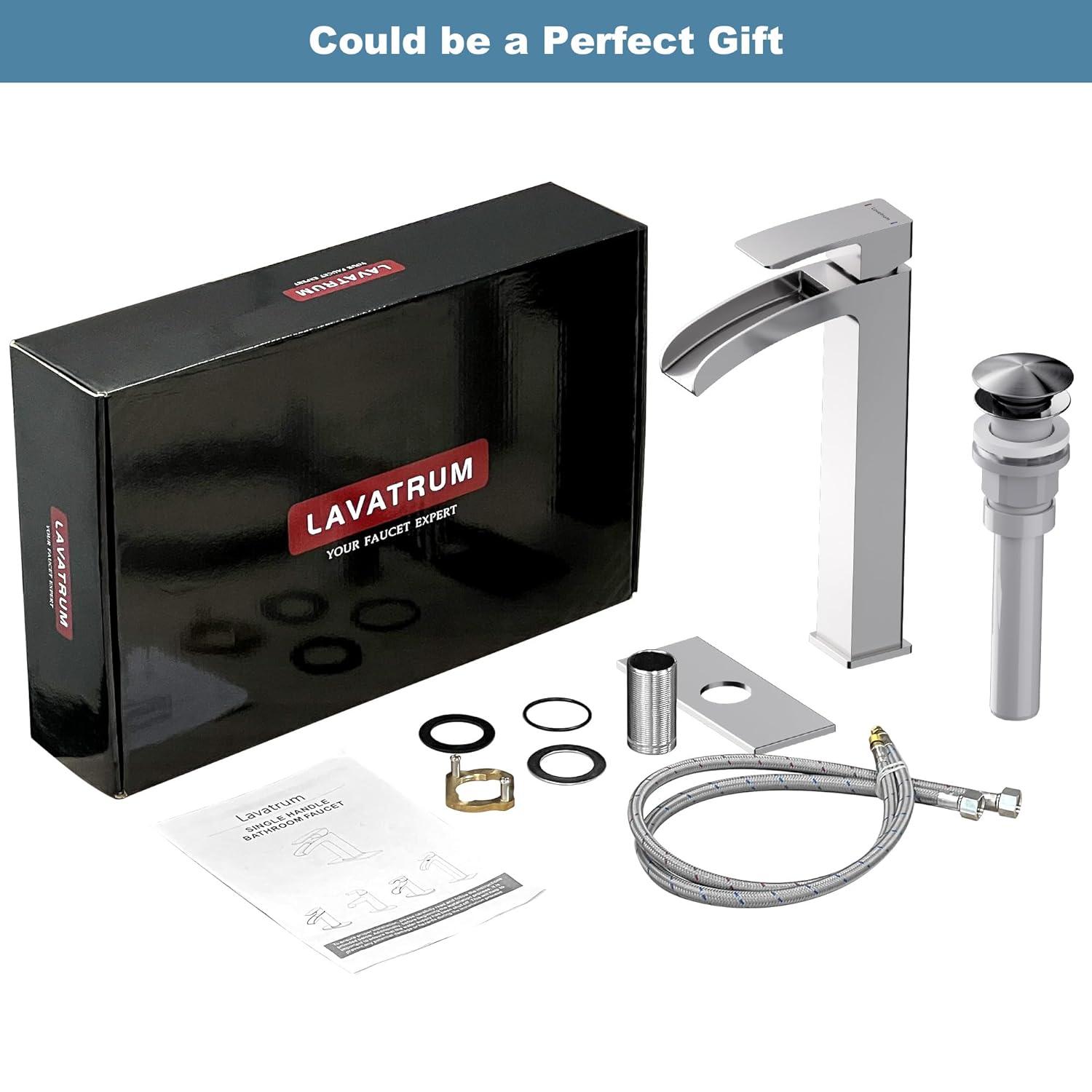 VOTON Vessel Sink Faucet Brushed Nickel Modern Tall Waterfall Bathroom Sink Faucet Single Handle Bathroom Faucet 1 Hole Bowl Lavatory Vanity Faucet, Rv Sink Camper Farmhouse Bathroom Faucet