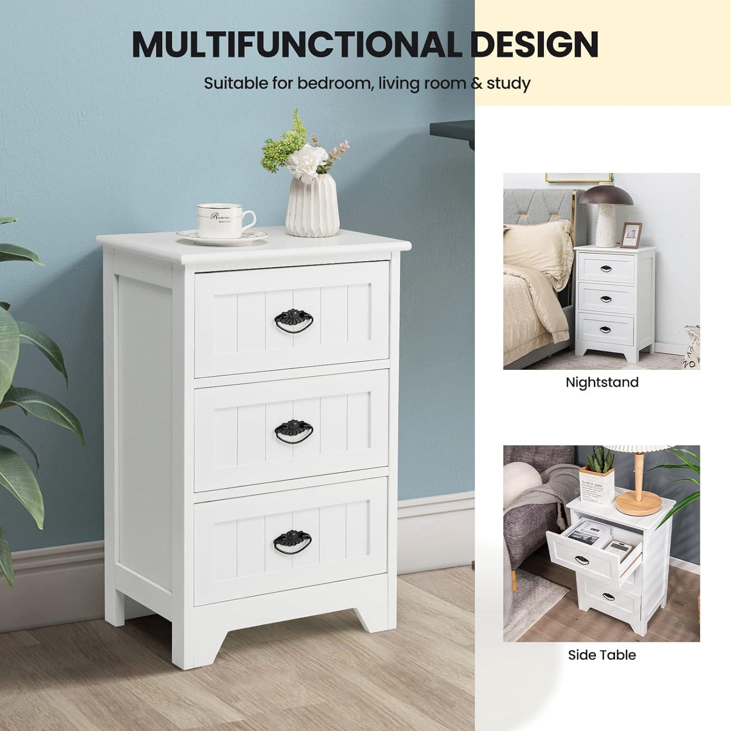 Elegant White 3-Drawer Nightstand with Vintage Metal Handles