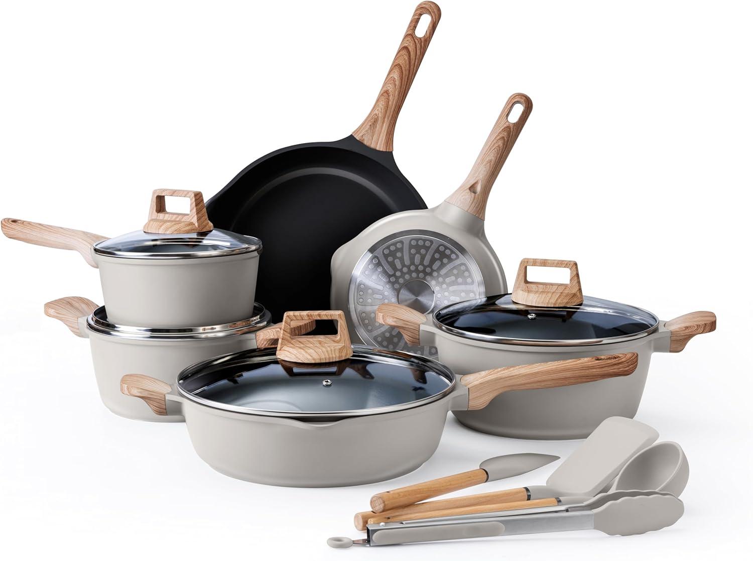 14-Piece Gray Nonstick Cast Aluminum Cookware Set with Bakelite Handles