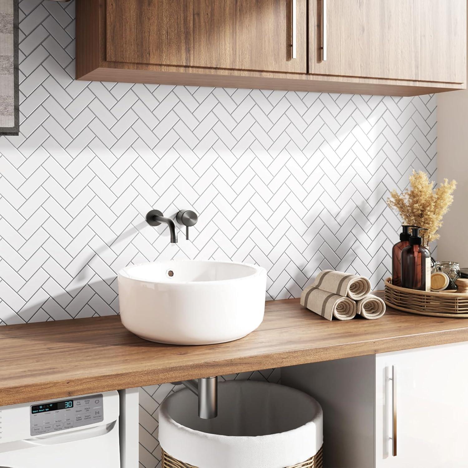 Clever Mosaics Thicker Upgrade White Vinyl Peel and Stick Herringbone Tile Backsplash 12" x 12" (set of 10)