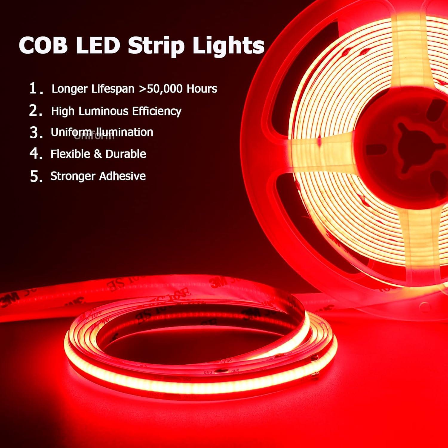 12V COB LED Strip Light Daylight White 5000K Waterproof IP65 480LEDs/M Super Bright 4000Lm CRI>90 16.4ft/5M Dotless High Density Cuttable Flexible for Cabinet Home DIY Lighting Projects