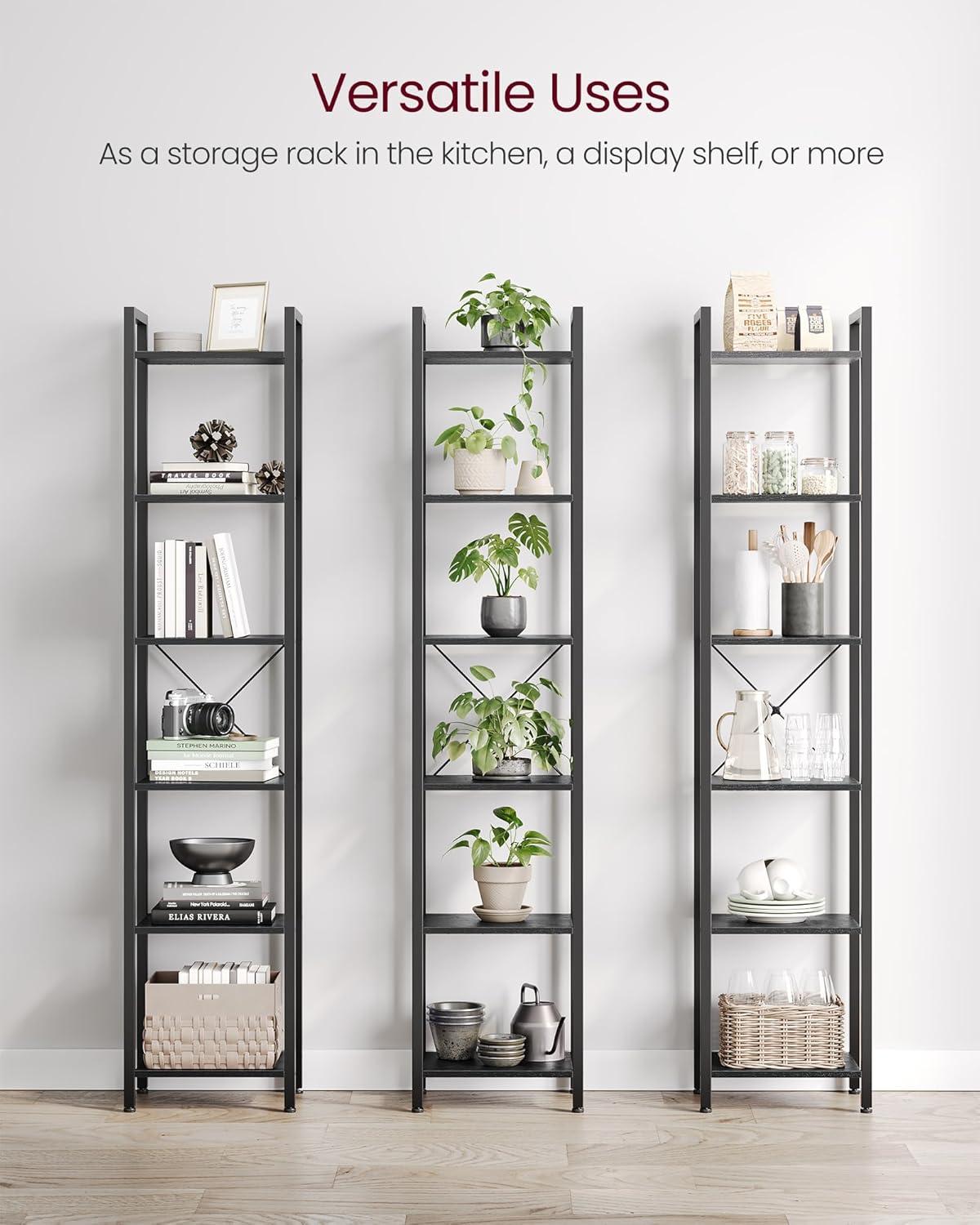 Ebony Black 6-Tier Industrial Tall Bookshelf with Steel Frame