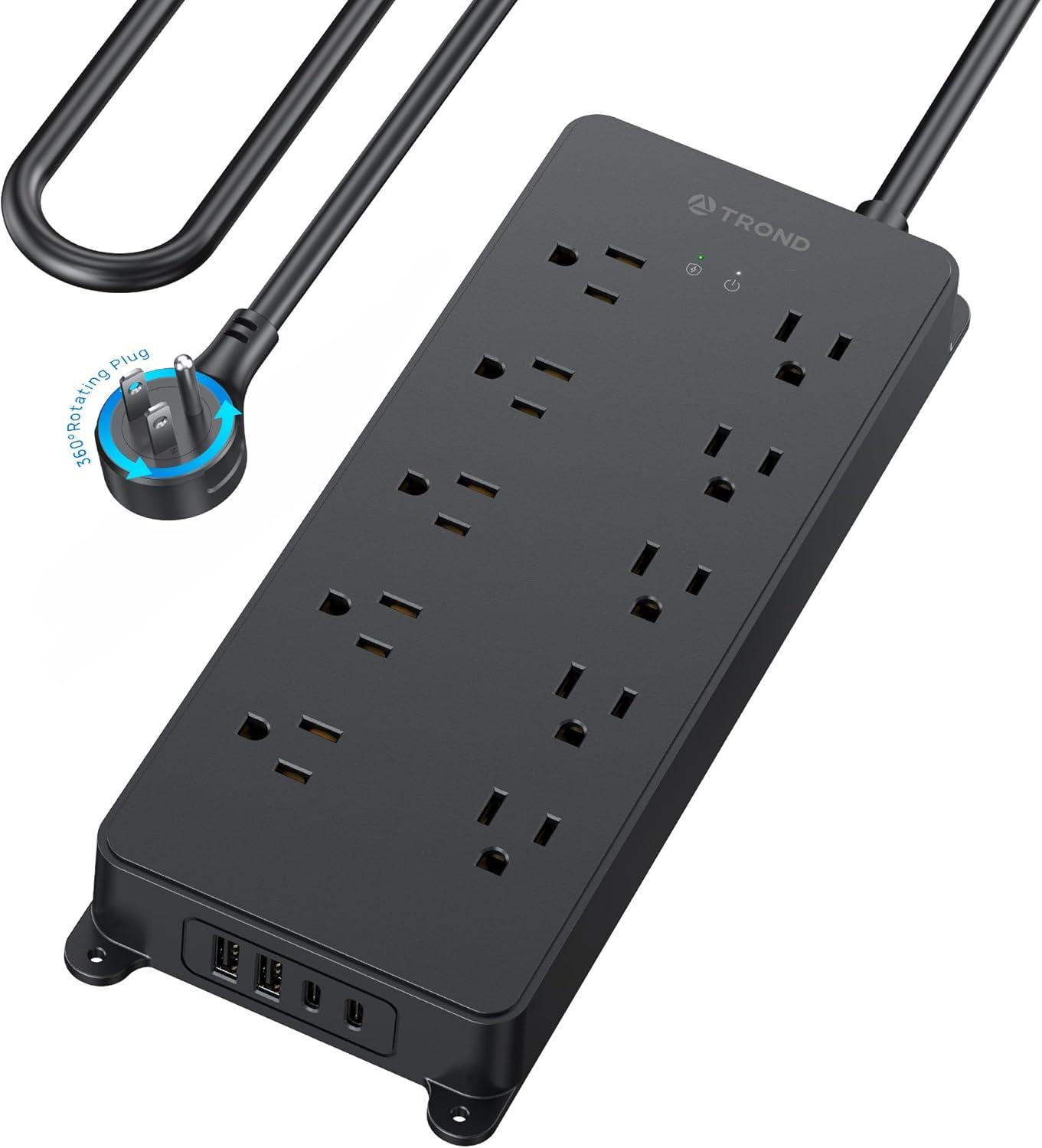 TROND Power Strip Surge Protector, 4000J, ETL Listed, 15A, 10 Widely Spaced Outlets with 4 USB Ports, Flat Plug 5ft Extension Cord, Wall Mountable, 14AWG Heavy Duty, for Home Office Garage, Black