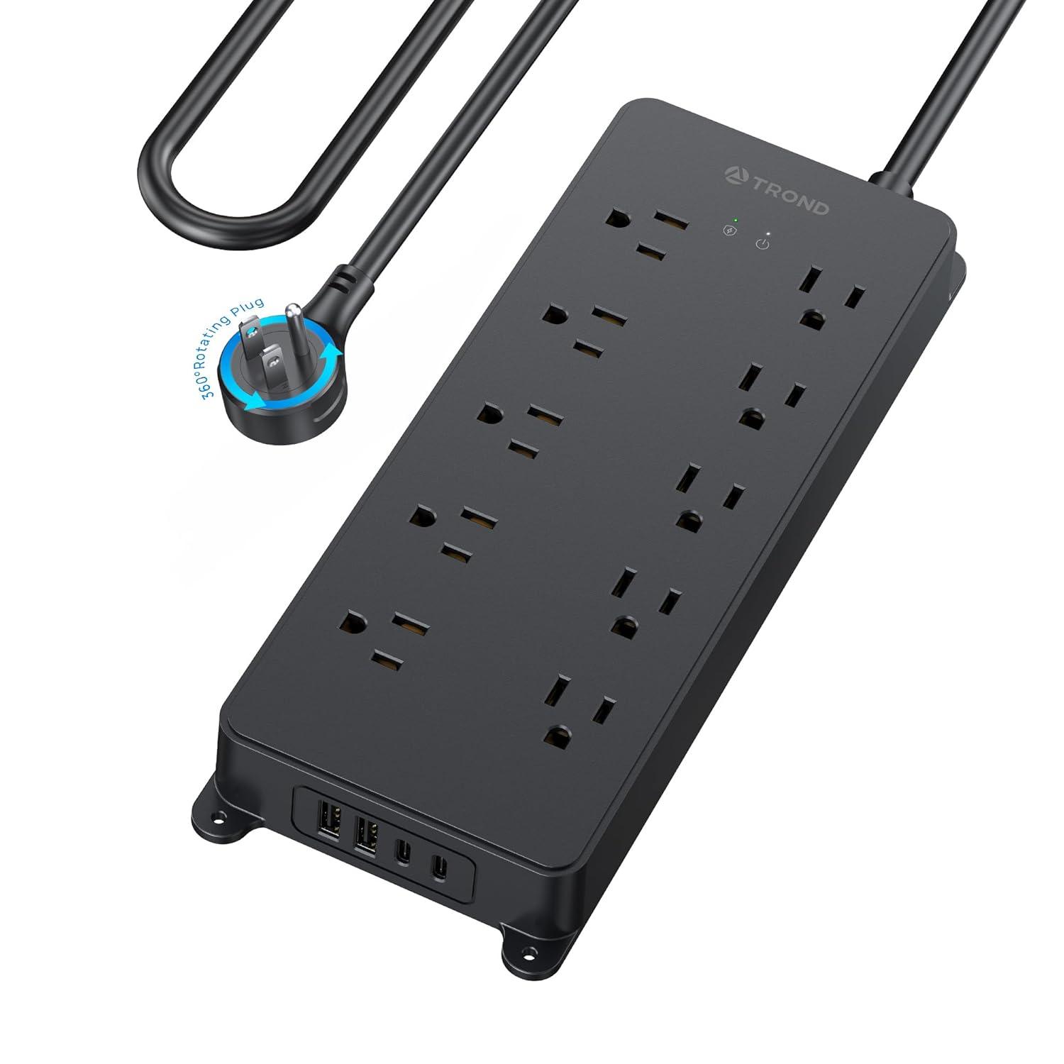 TROND Power Strip Surge Protector, 4000J, ETL Listed, 15A, 10 Widely Spaced Outlets with 4 USB Ports, Flat Plug 5ft Extension Cord, Wall Mountable, 14AWG Heavy Duty, for Home Office Garage, Black