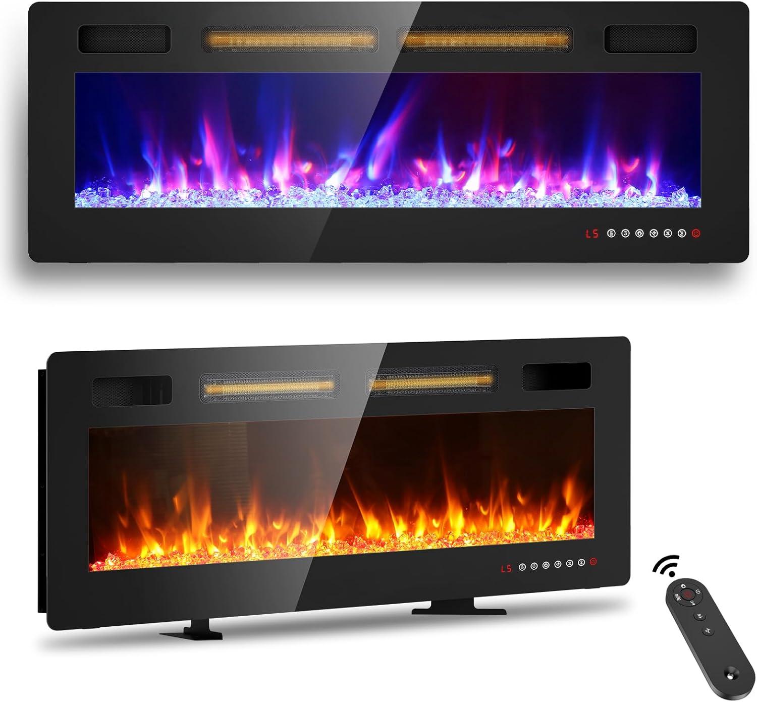 Ultra-Thin Black Glass Wall Mounted Electric Fireplace 50 Inch