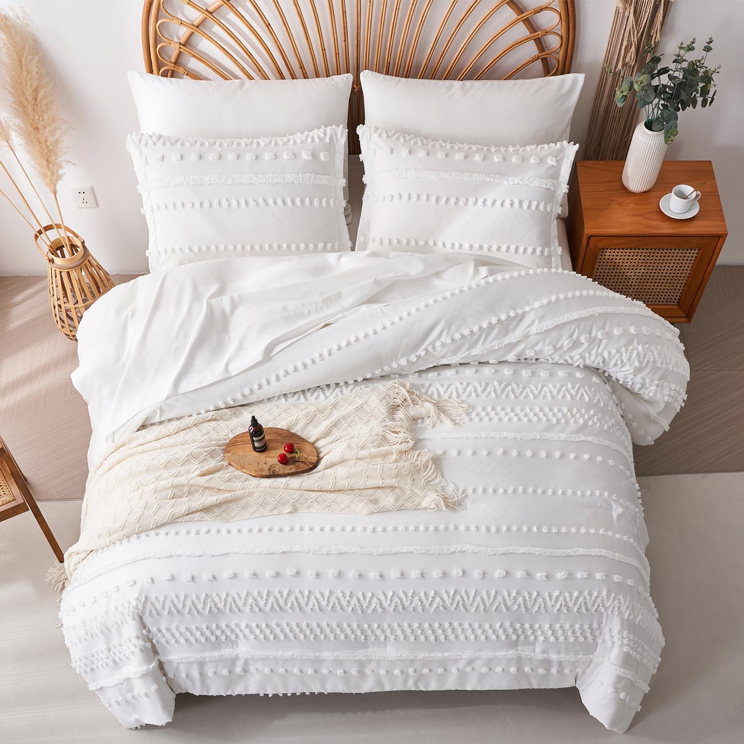 7 Pieces Queen Comforter Set, White Tufted Boho Shabby Chic Bed in a Bag Comforter and Sheet Set, All Season Soft Microfiber Complete Bedding Set (White, Queen)