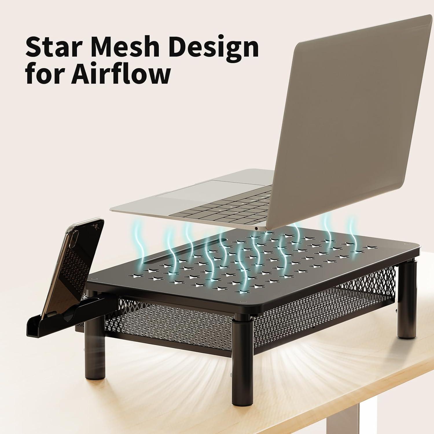 Black Adjustable Metal Monitor Stand with Mesh Drawer and Phone Holder