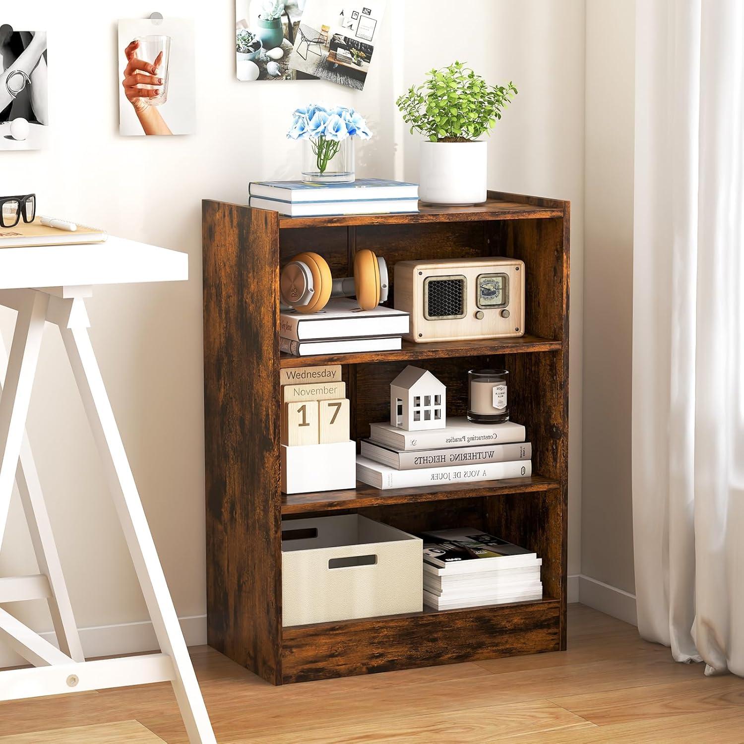 Tangkula 3-Tier Bookcase Open Bookshelf Cube Storage Organizer Floor Standing Display Bookcase with Adjustable Shelves Rustic Brown/Black/White