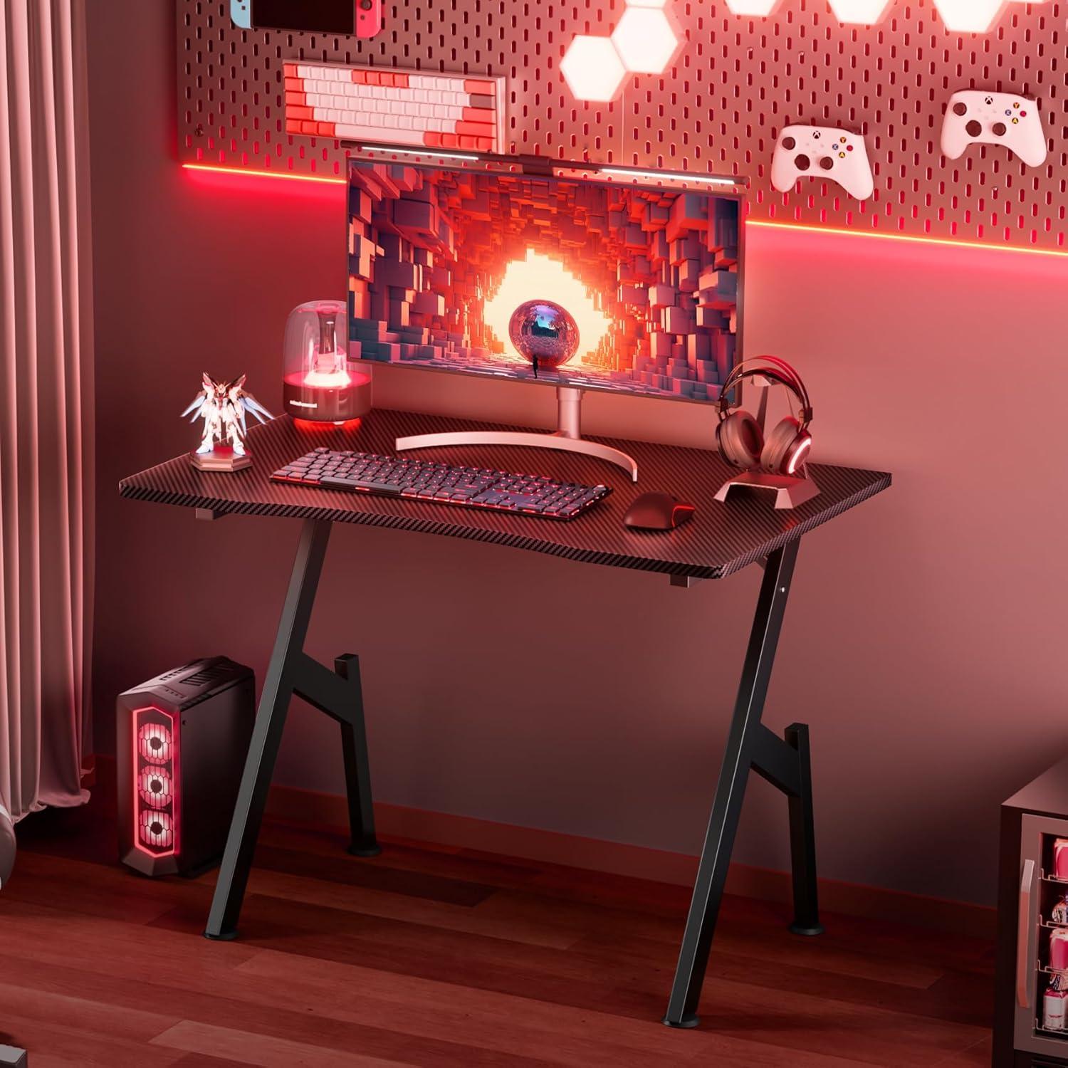 Wrought Studio™ Wrought Studio Gaming Desk With Carbon Fibre Surface- A Shaped Gamer Desk Computer Workstation Home Office Ergonomic PC Desk Simple Gaming Table Home Office Desks