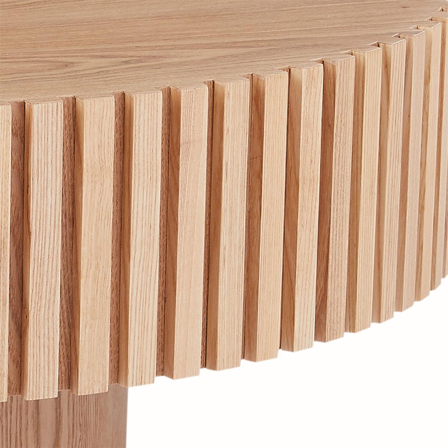 Round Coffee Table, 31.49" Modern Handcraft Relief Drum Circle Wood Table Side End Accent Center Table for Living Room, Small Space, Apartment, Natural Ash