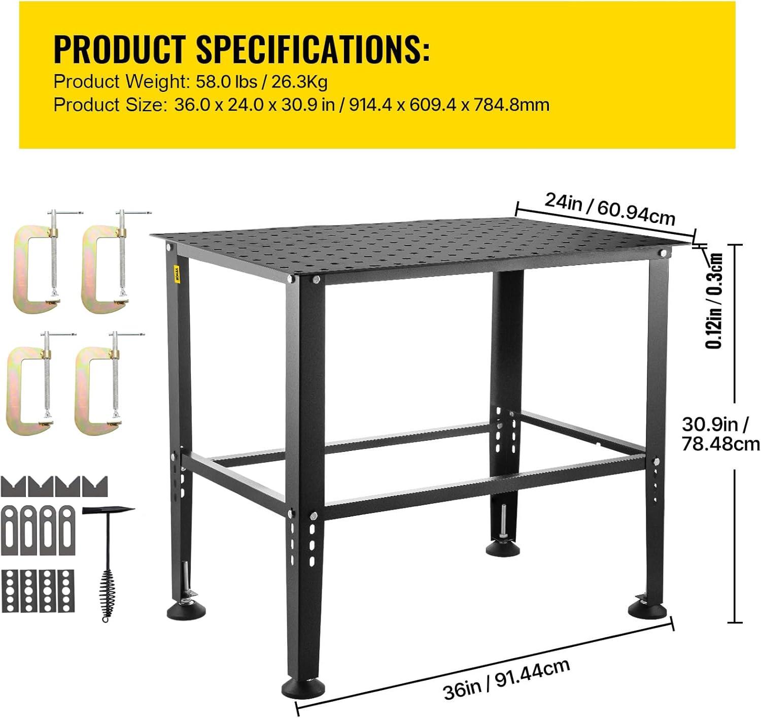 VEVOR Welding Table, 36" x 24" Adjustable Workbench, 0.12" Thick Industrial, 600lb Load Capacity, Heavy Duty Carbon Steel, Gray Steel With Accessories
