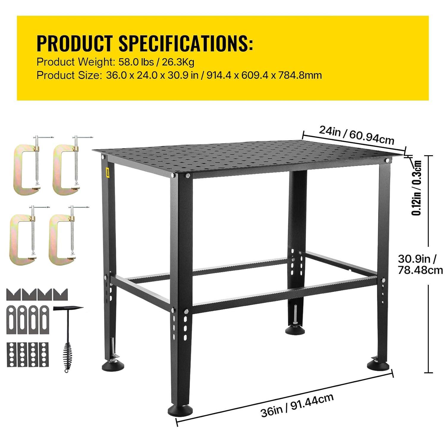 VEVOR Welding Table, 36" x 24" Adjustable Workbench, 0.12" Thick Industrial, 600lb Load Capacity, Heavy Duty Carbon Steel, Gray Steel With Accessories