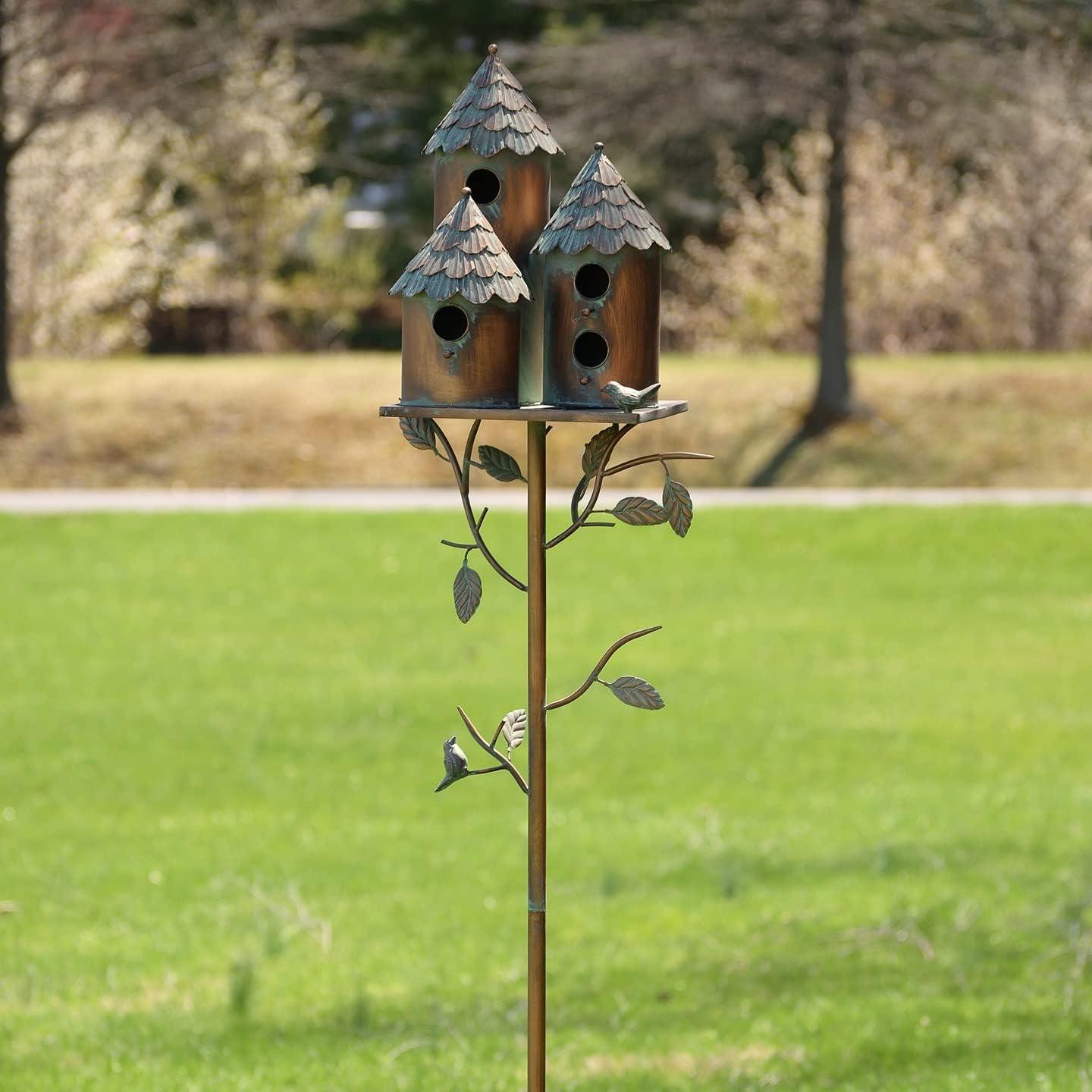 Large Copper Colored Multi-Birdhouse Stakes, Room for 4 Bird Families in Each (Castle Home)