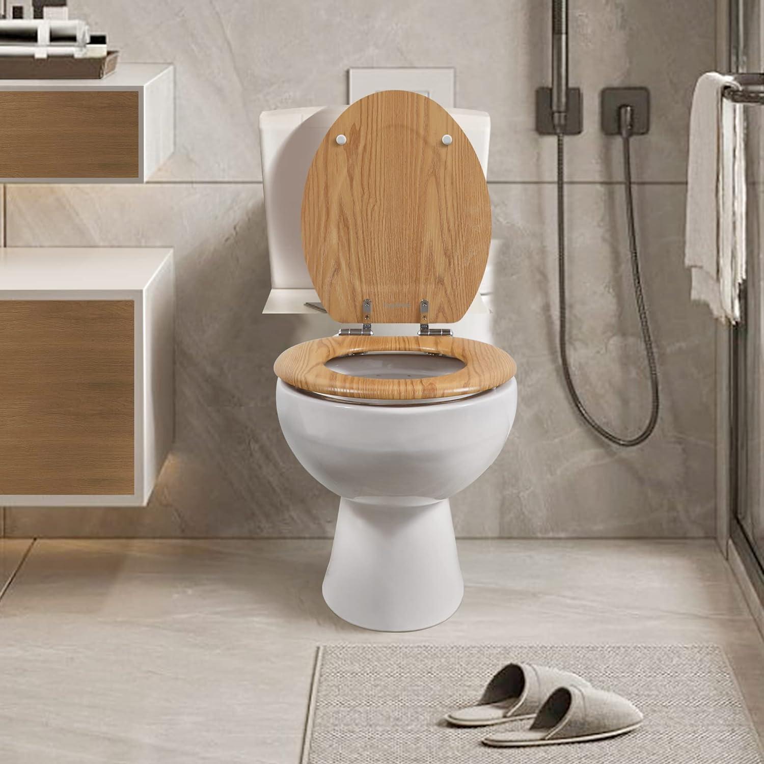 Round Natural Wood Toilet Seat with Slow Close Hinges