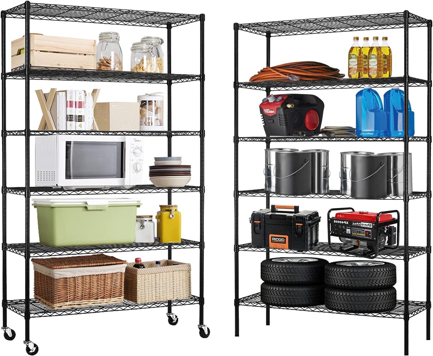 6-Tier Storage Shelves NSF Certified Wire Shelving Unit on Wheels Heavy Duty Metal Shelves Adjustable Steel Shelving 2100Lbs Capacity for Closet Pantry Basement- (18"x48"x82", Black)