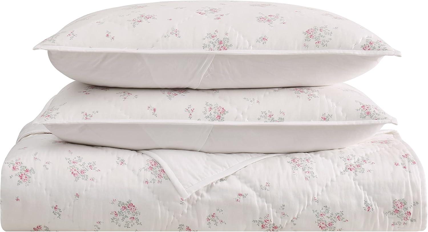 White and Pink Floral Cotton Twin XL Quilt Set