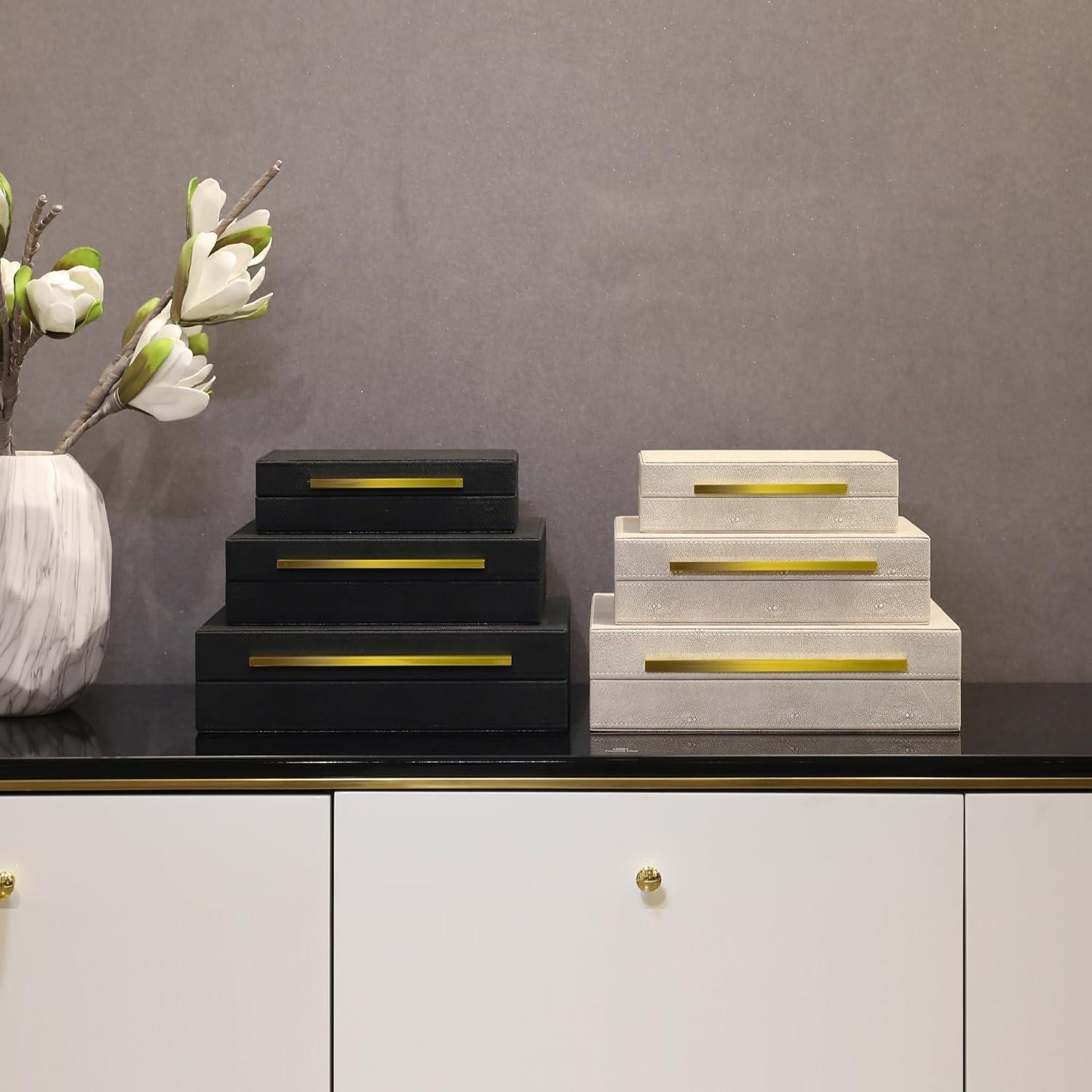 Faux  Leather Decorative Jewelry Storage Nesting Organizer Boxes with Lids Gold Handle Set of 3, Black