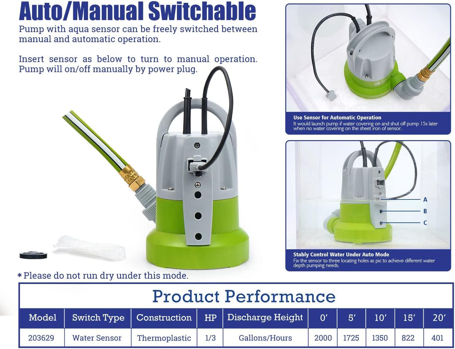 Green Expert 1/3HP Sump Pump Submersible Unique Flow Sensor Switch Last-inch Water Draining Design for Completely Water Removal from Flooded Basement Pools Hot Tub Backyard 25FT Power Cord