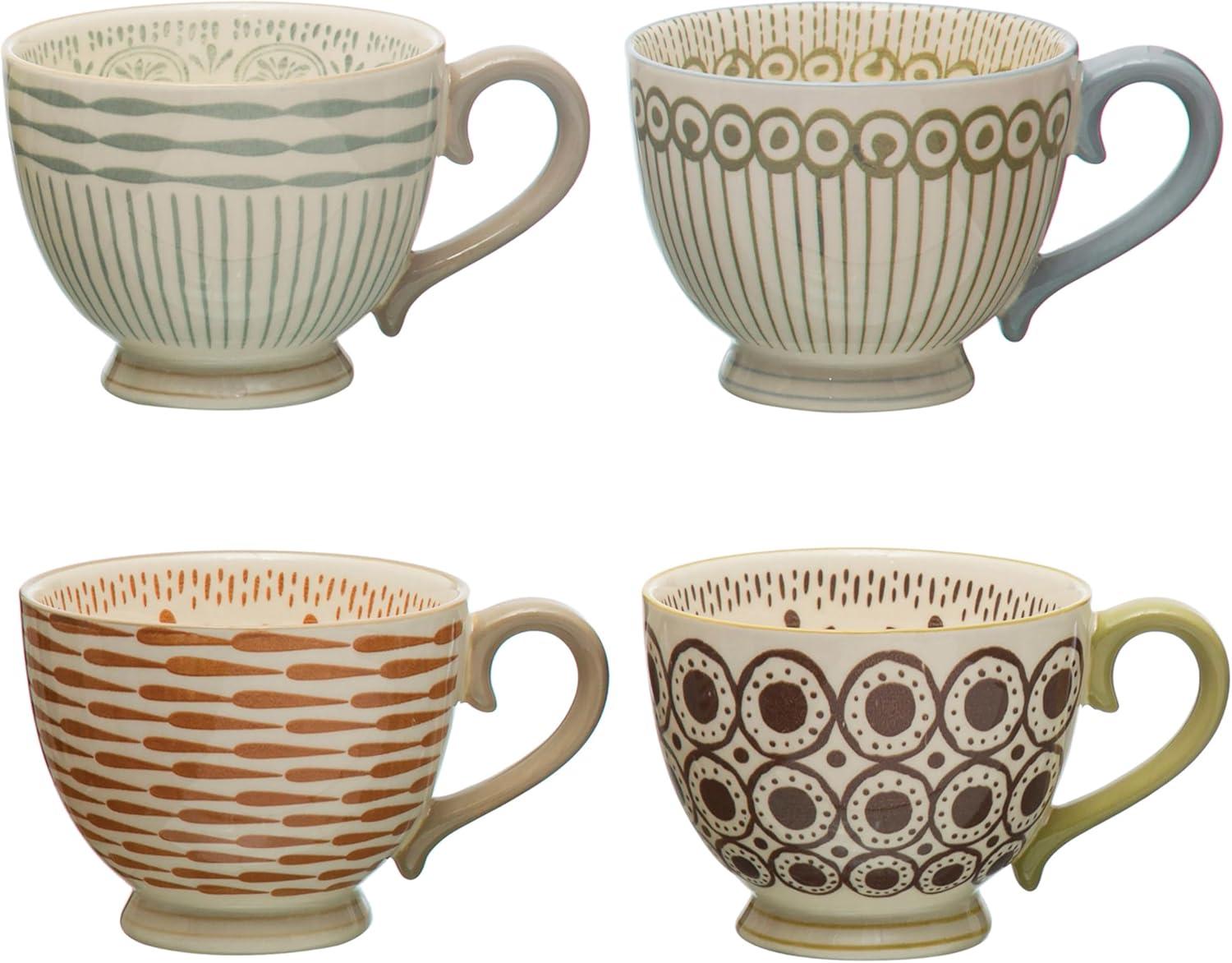 Multicolor Ceramic Stoneware Mugs with Painted Patterns, Set of 4