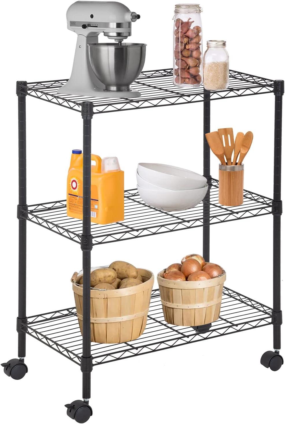 BestOffice 3-Shelf Steel Wire Tier Layer Shelving 23L x 13W x 32H Shelves with Wheels,Black