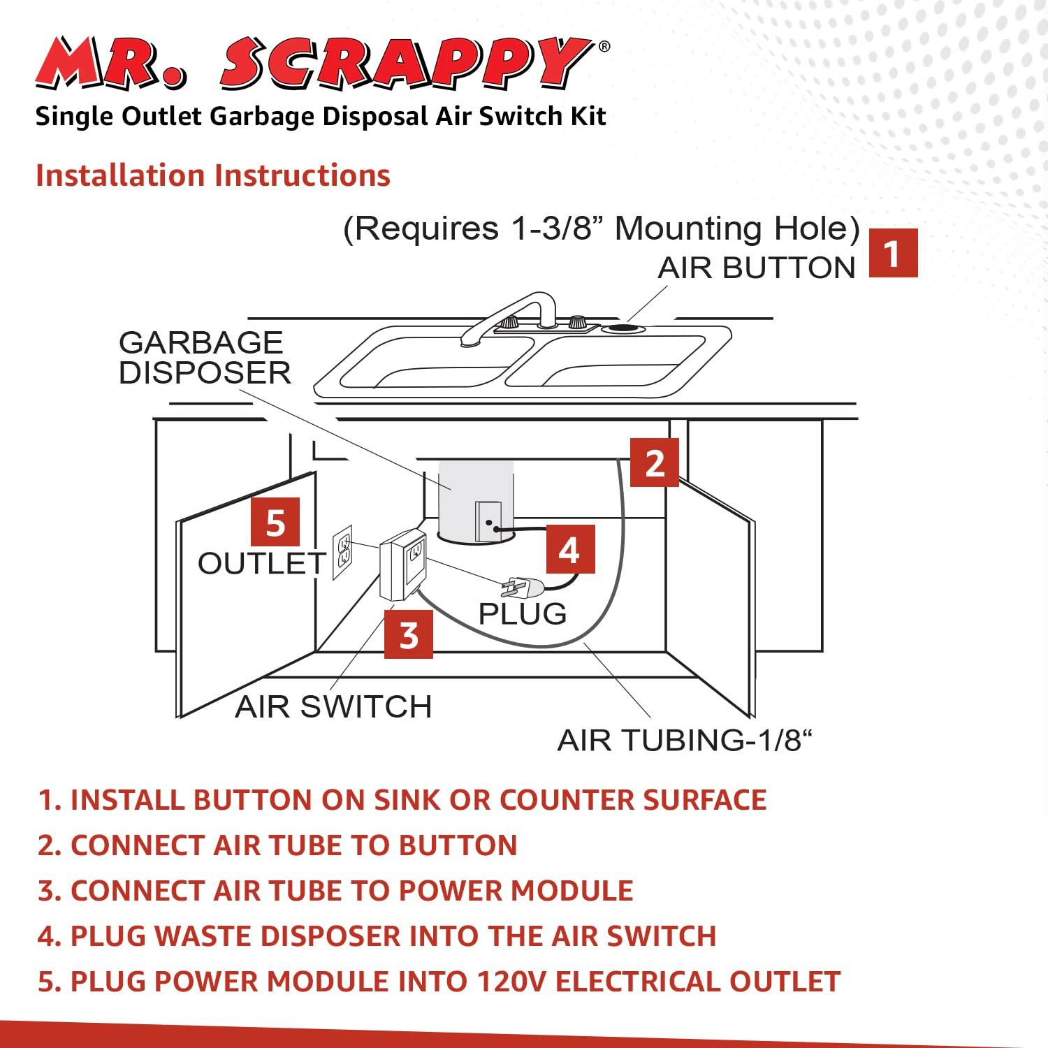 Mr. Scrappy Garbage Disposal Air Switch Kit with Brushed Nickel Push Button, Power Box, and Air Tube